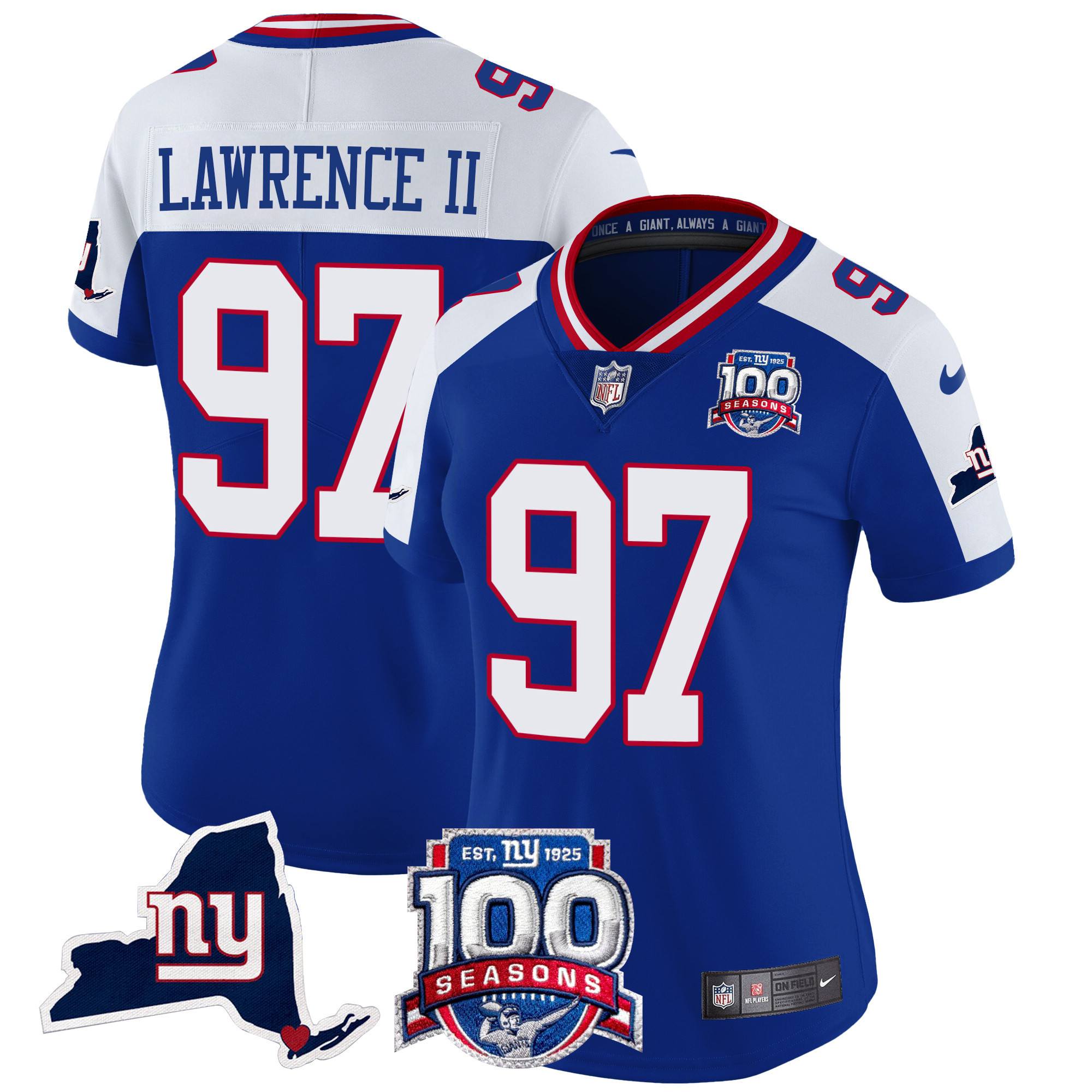 Women's Dexter Lawrence II New York Giants 100th Season & State Patch Vapor Limited Royal Alternate Jersey - All Stitched