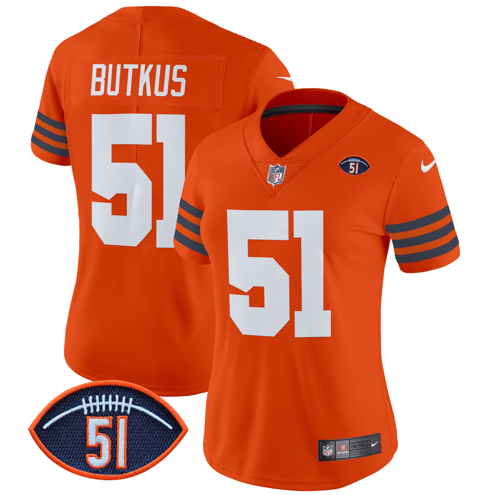 Women's Dick Butkus Chicago Bears Dick Butkus Patch Throwback Vapor Limited Orange Jersey - All Stitched