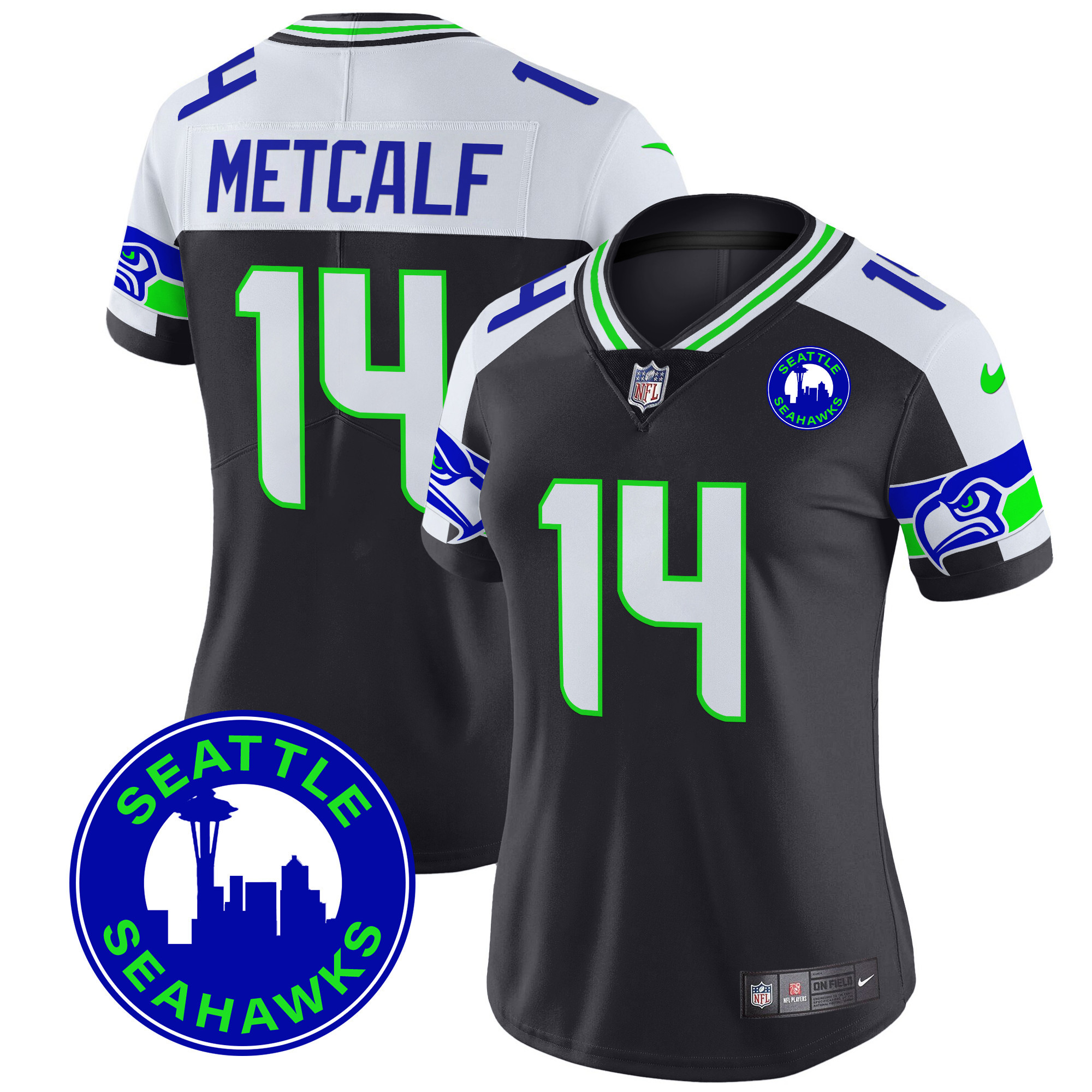 Women's DK Metcalf Seattle Seahawks 2024 Seattle City Patch Vapor Limited Black Alternate Jersey - All Stitched