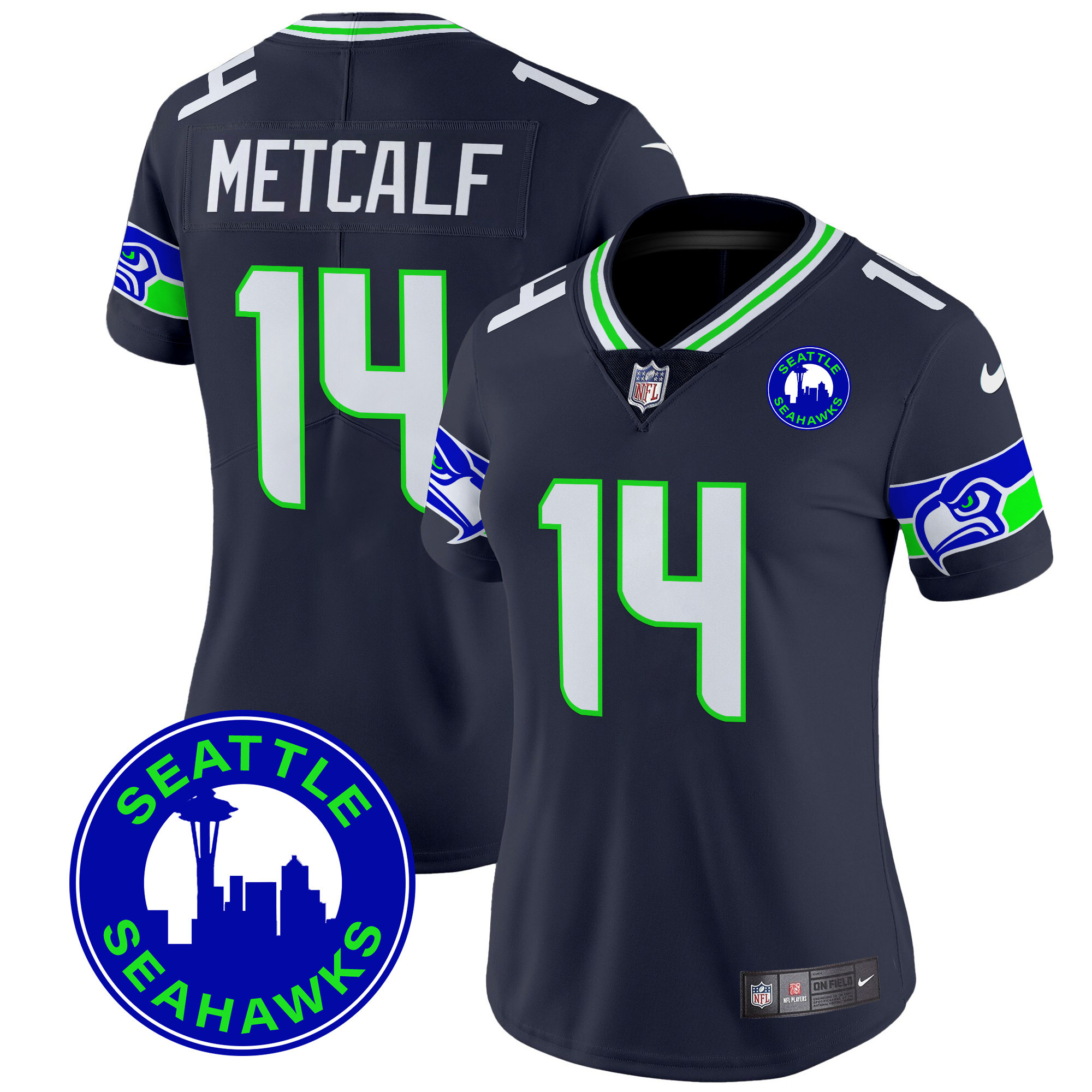 Women's DK Metcalf Seattle Seahawks 2024 Seattle City Patch Vapor Limited Navy Jersey - All Stitched