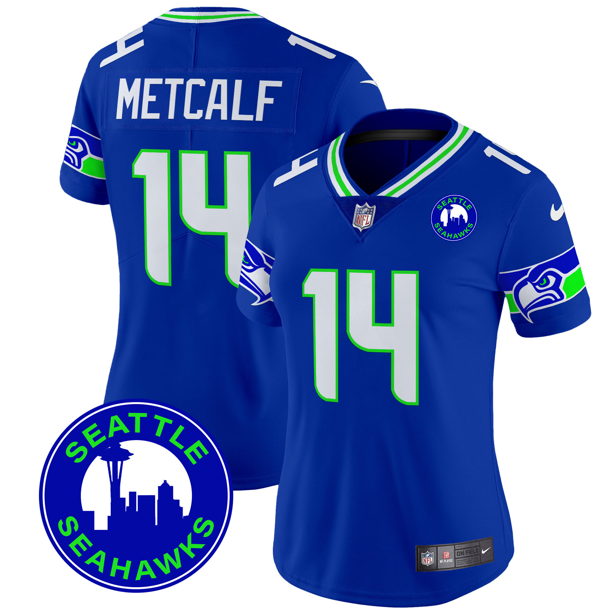 Women's DK Metcalf Seattle Seahawks 2024 Seattle City Patch Vapor Limited Royal Jersey - All Stitched