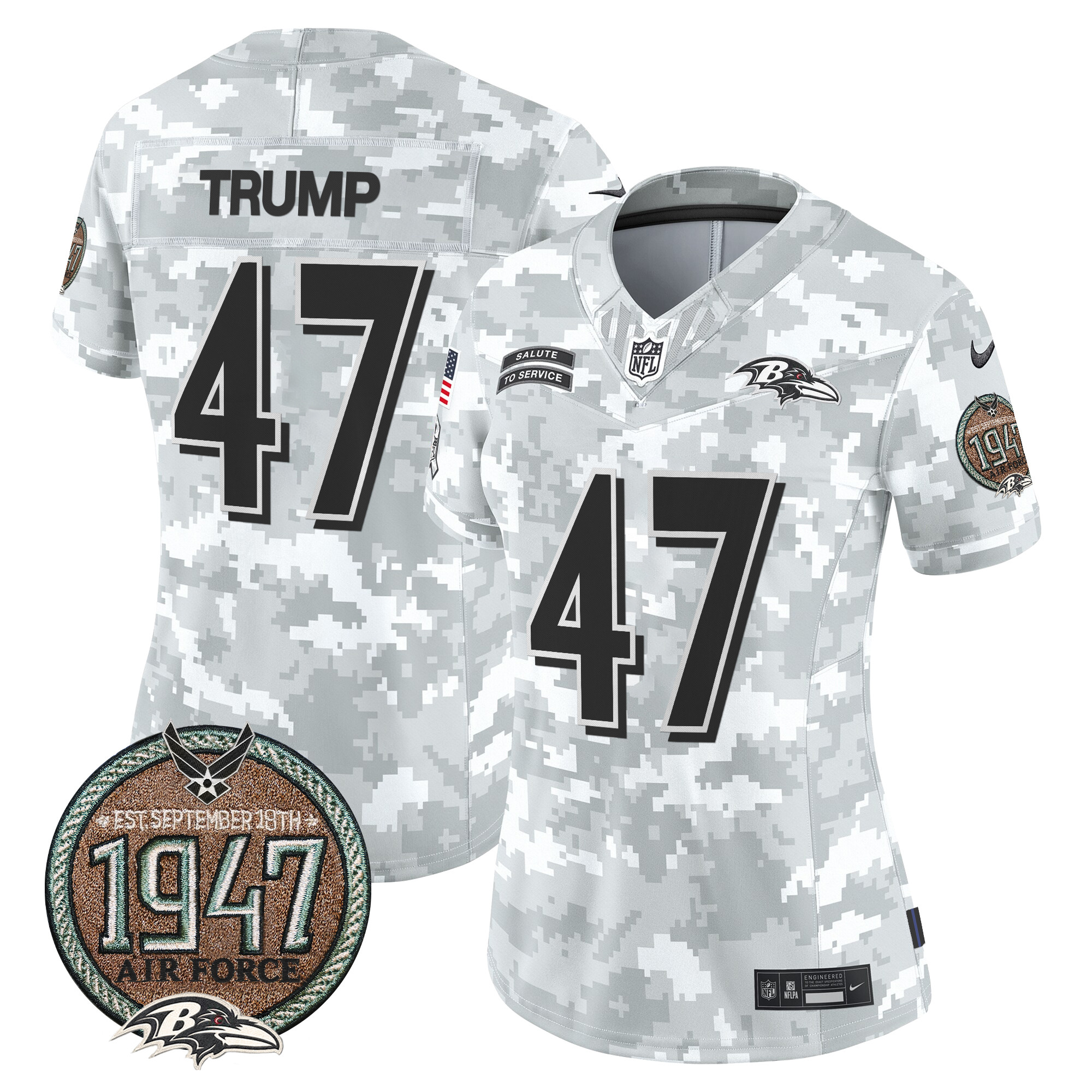 Women's Donald Trump Baltimore Ravens 2024 Salute to Service Establishment Year Patch Vapor Limited Air Force Jersey - All Stitched