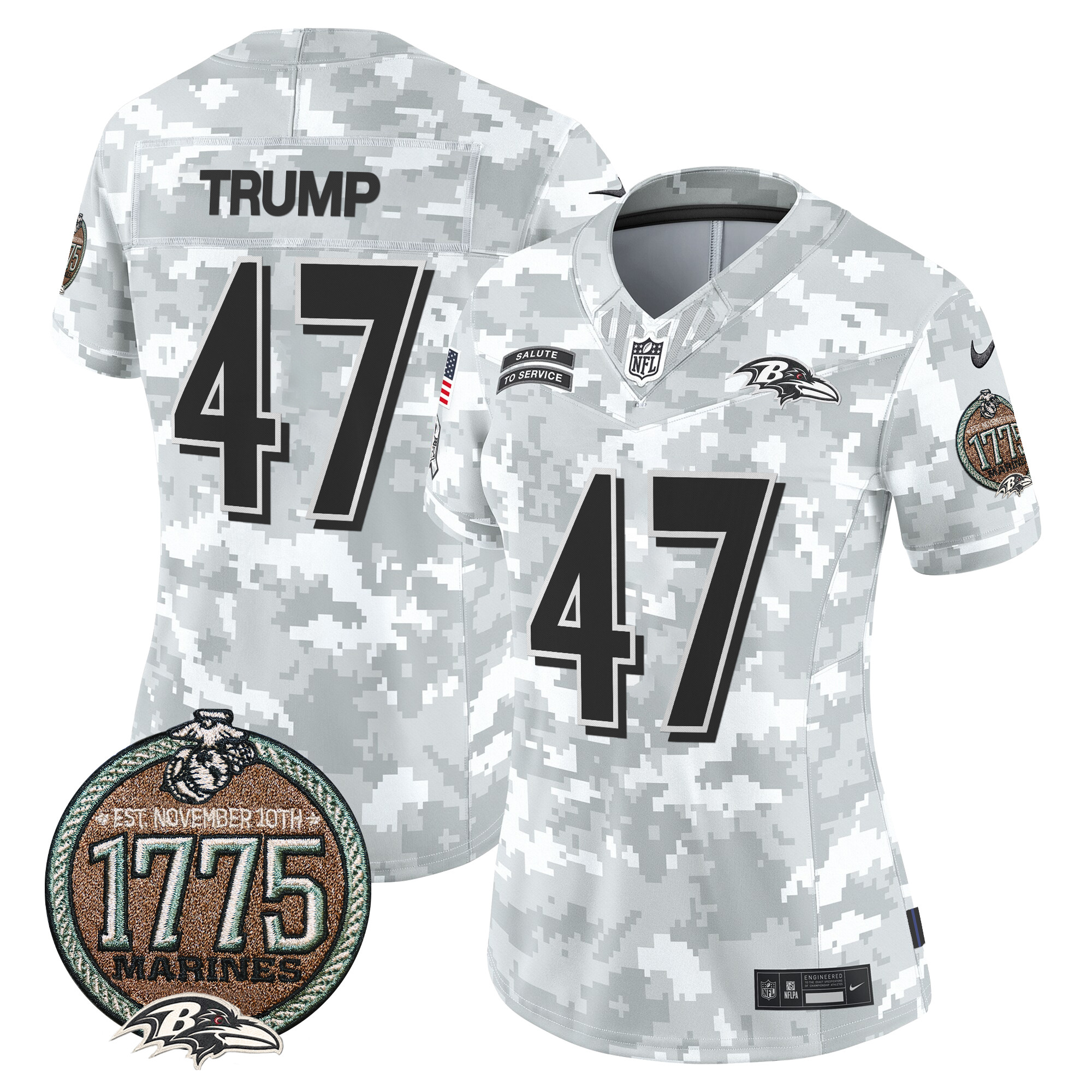 Women's Donald Trump Baltimore Ravens 2024 Salute to Service Establishment Year Patch Vapor Limited Marines Jersey - All Stitched