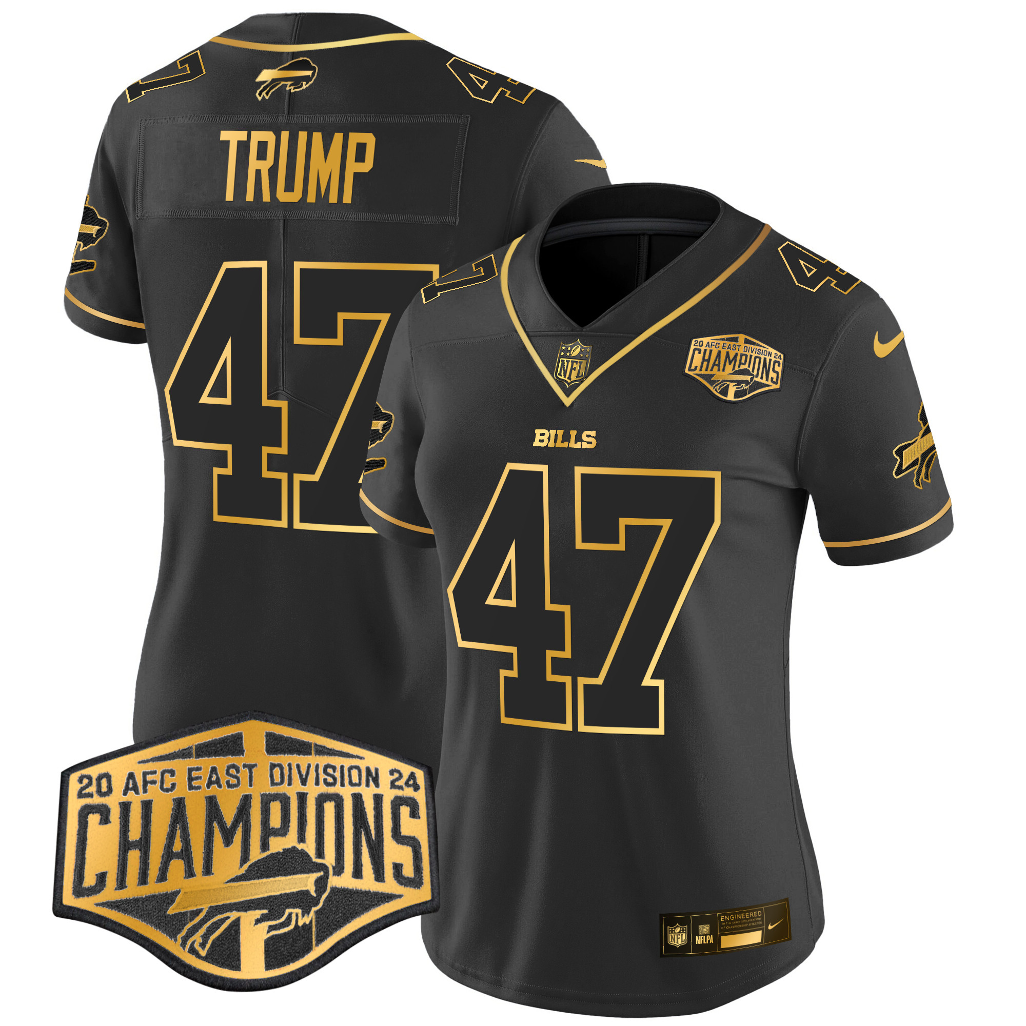 Women's Donald Trump Buffalo Bills 2024 AFC East Division Champions Gold Vapor Limited Black Gold Jersey - All Stitched