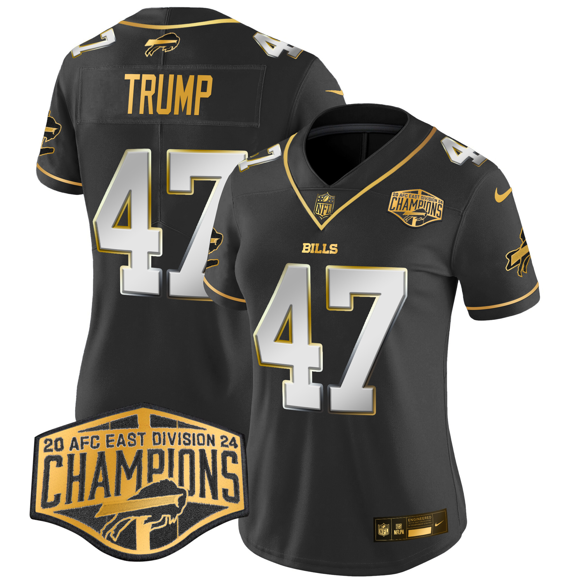 Women's Donald Trump Buffalo Bills 2024 AFC East Division Champions Gold Vapor Limited Black Limited Jersey - All Stitched