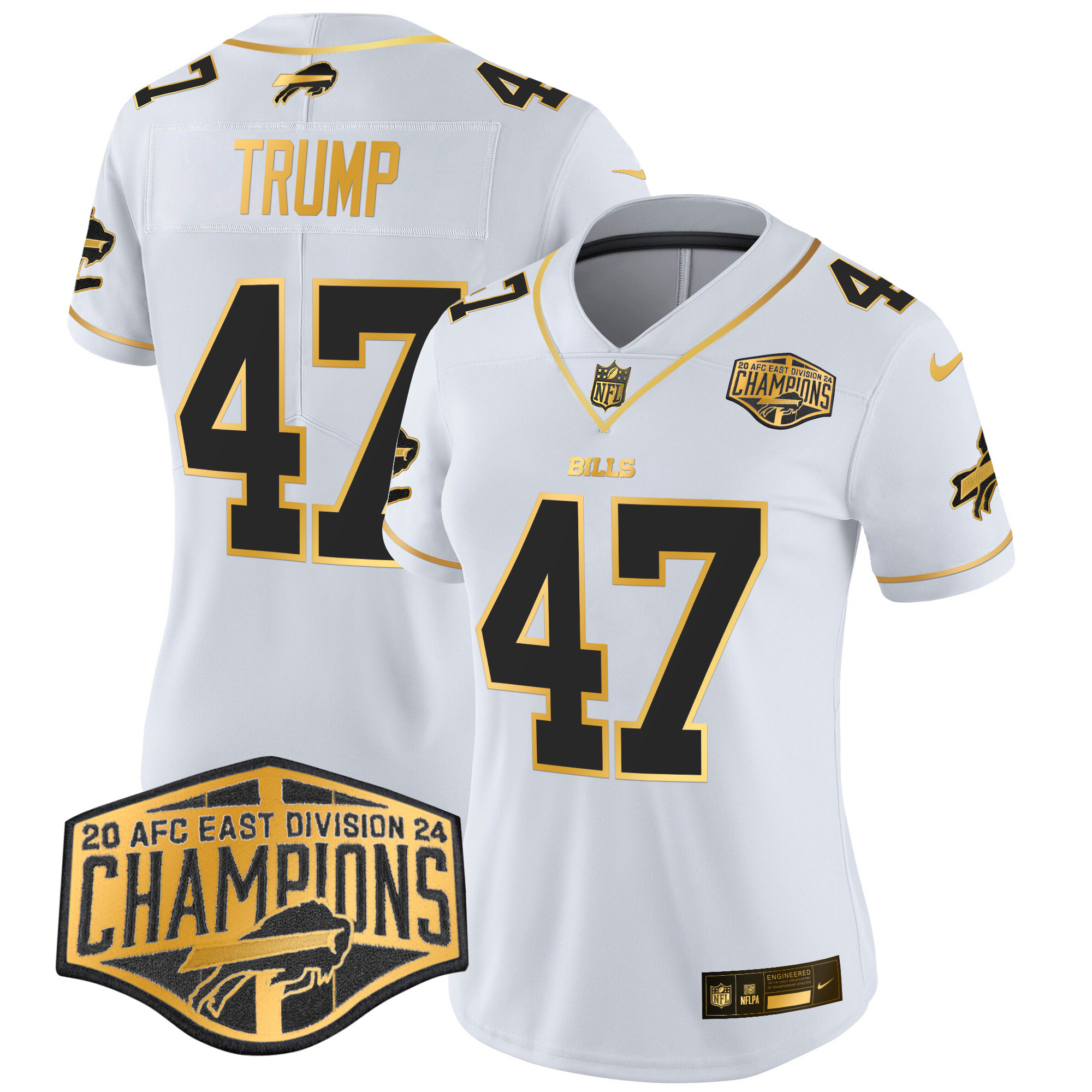 Women's Donald Trump Buffalo Bills 2024 AFC East Division Champions Gold Vapor Limited White Gold Jersey - All Stitched