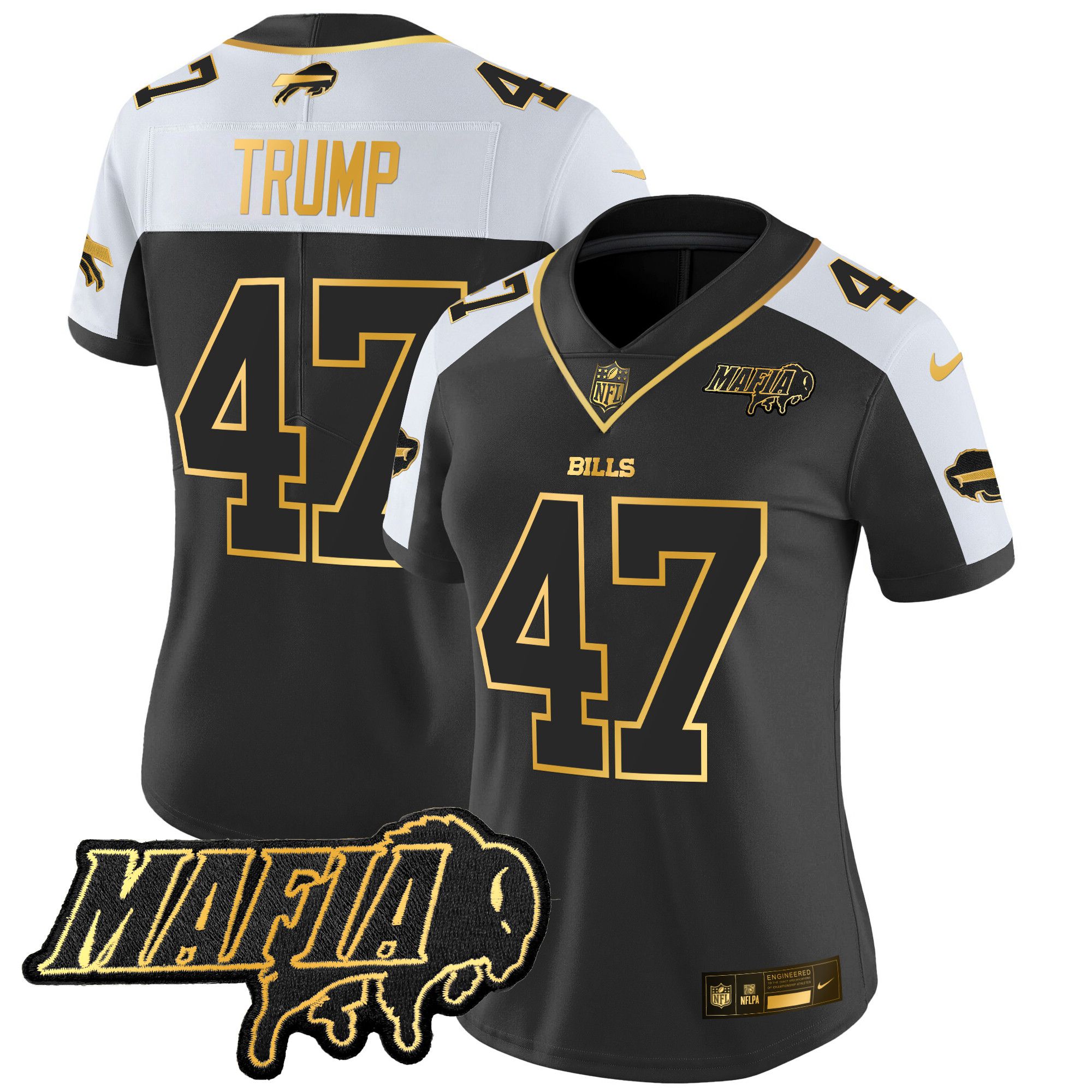 Women's Donald Trump Buffalo Bills 2024 Buffalo Bills Mafia Patch Gold Vapor Limited Alternate Jersey - All Stitched