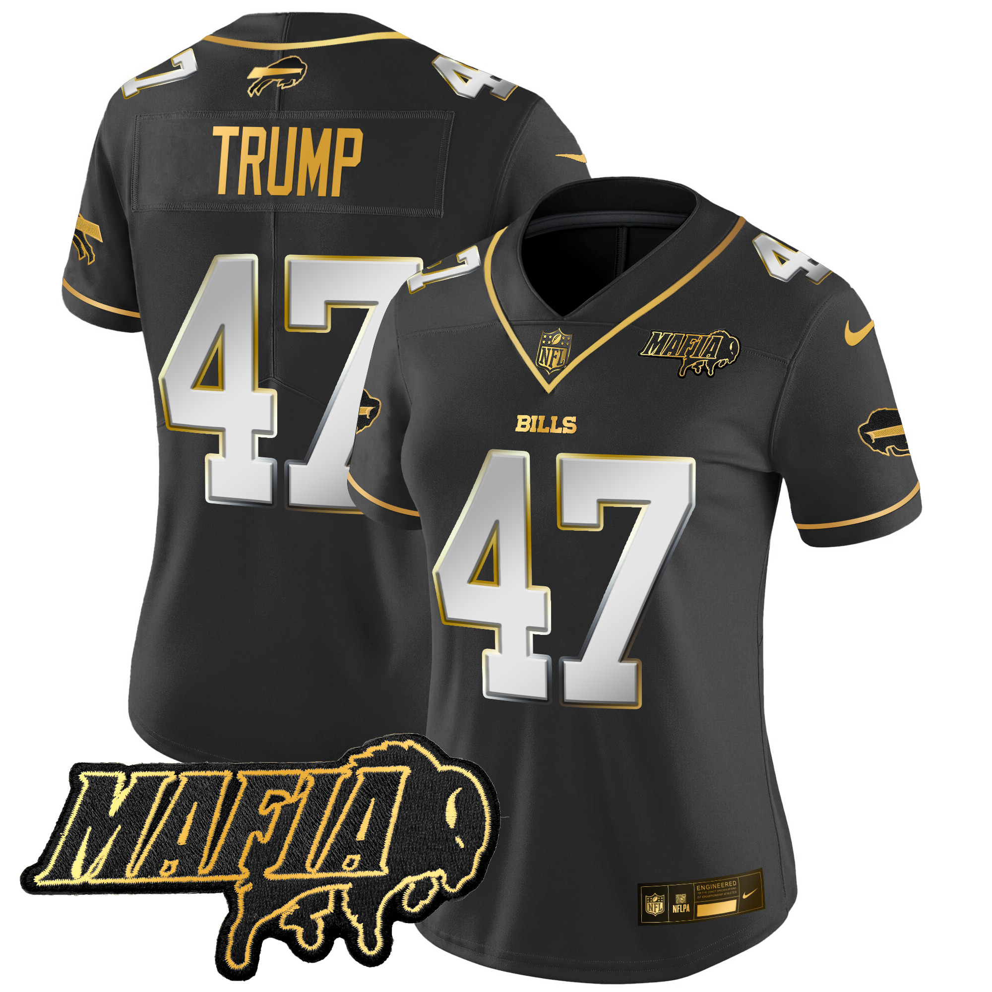 Women's Donald Trump Buffalo Bills 2024 Buffalo Bills Mafia Patch Gold Vapor Limited Black Limited Jersey - All Stitched