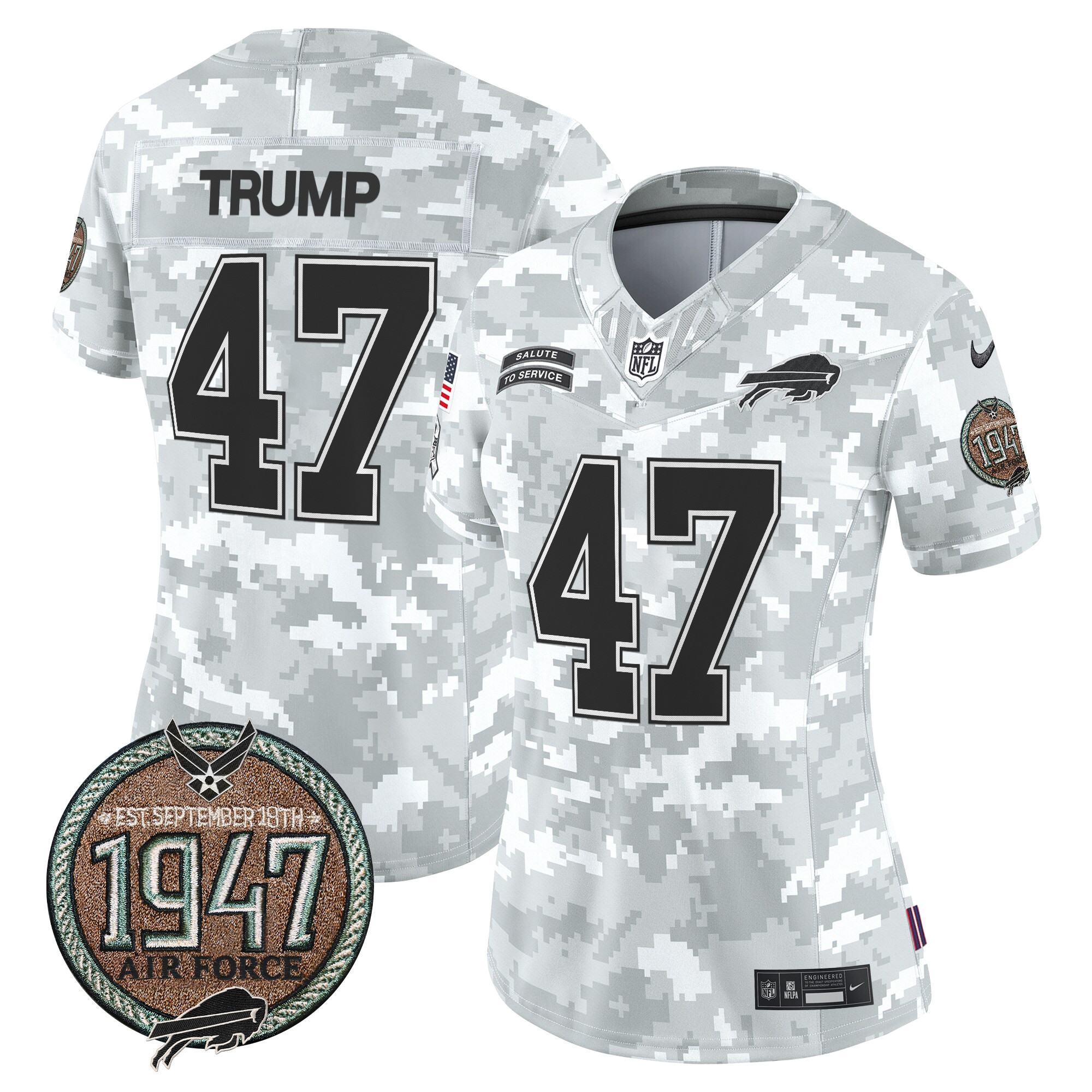 Women's Donald Trump Buffalo Bills 2024 Salute to Service Establishment Year Patch Vapor Limited Air Force Jersey - All Stitched
