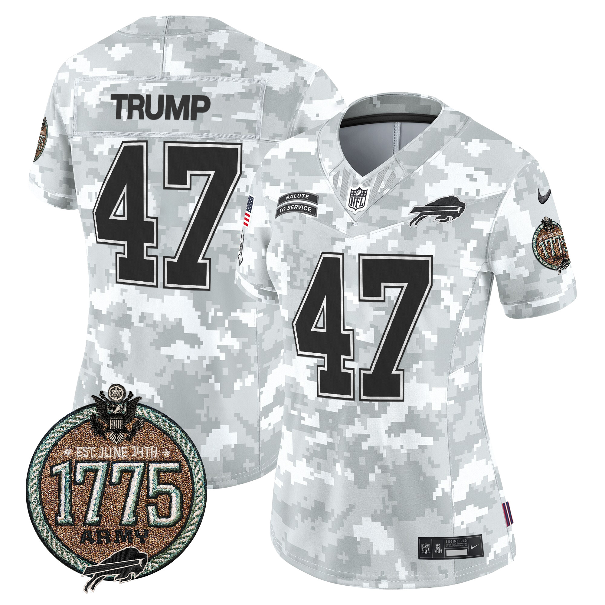 Women's Donald Trump Buffalo Bills 2024 Salute to Service Establishment Year Patch Vapor Limited Army Jersey - All Stitched