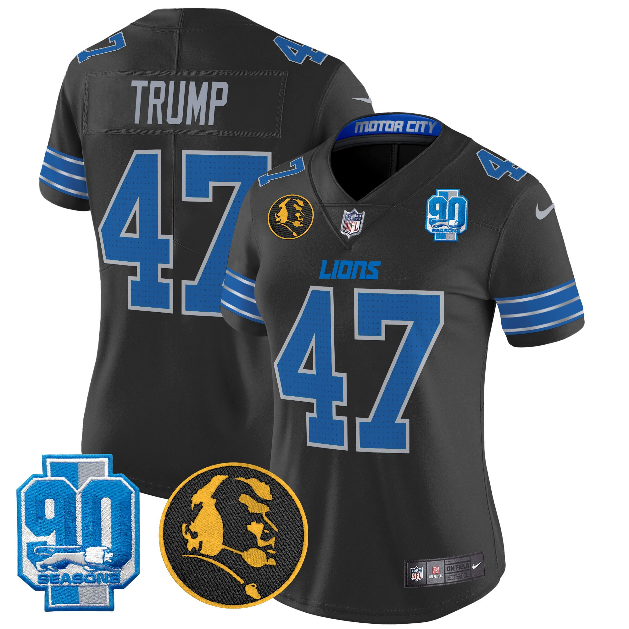Women's Donald Trump Detroit Lions 2024 90th & John Madden Patch Vapor Limited Black Jersey - All Stitched