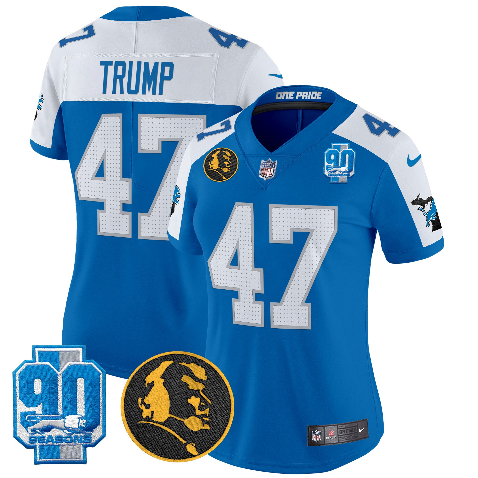 Women's Donald Trump Detroit Lions 2024 90th & John Madden Patch Vapor Limited Blue Alternate Jersey - All Stitched