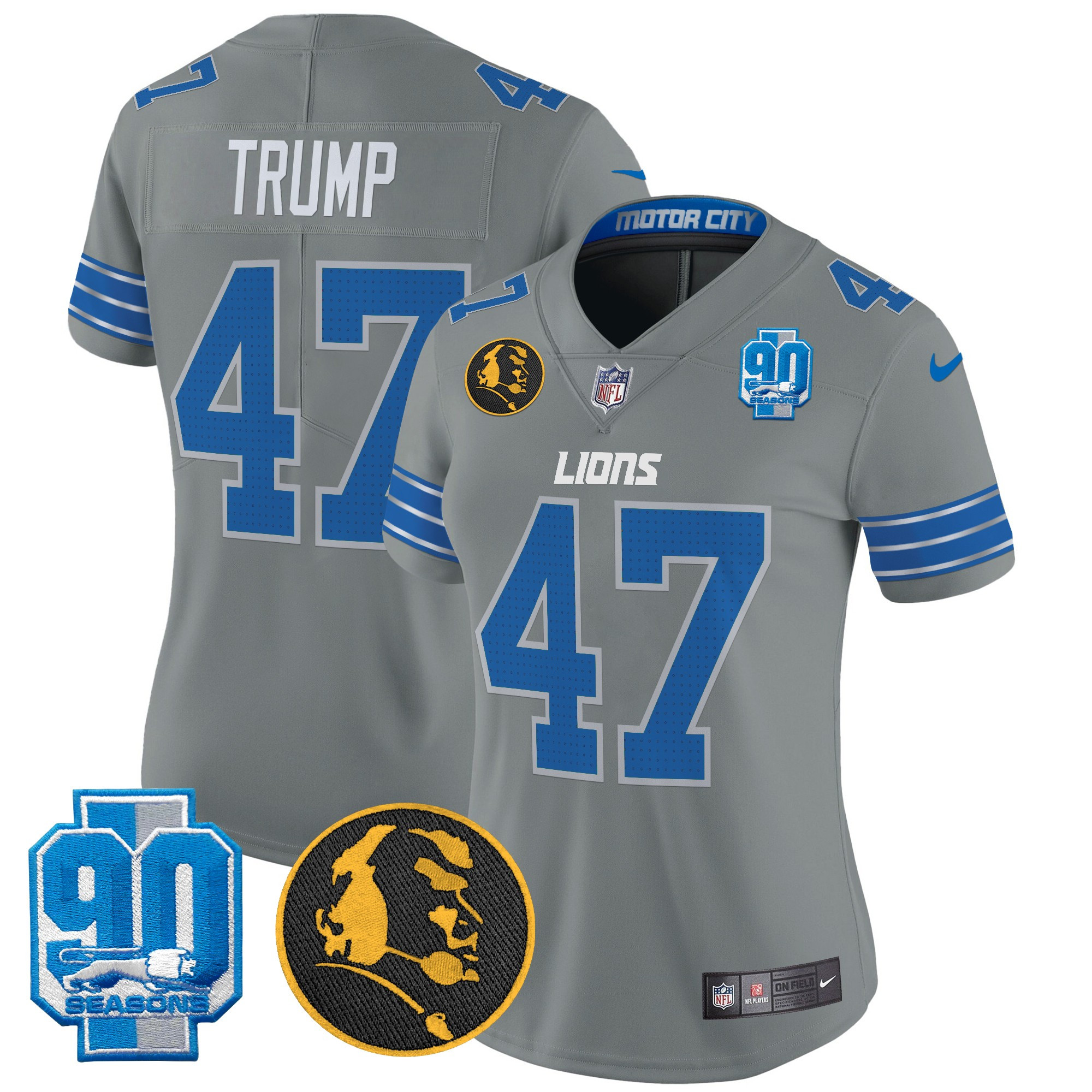 Women's Donald Trump Detroit Lions 2024 90th & John Madden Patch Vapor Limited Gray Jersey - All Stitched