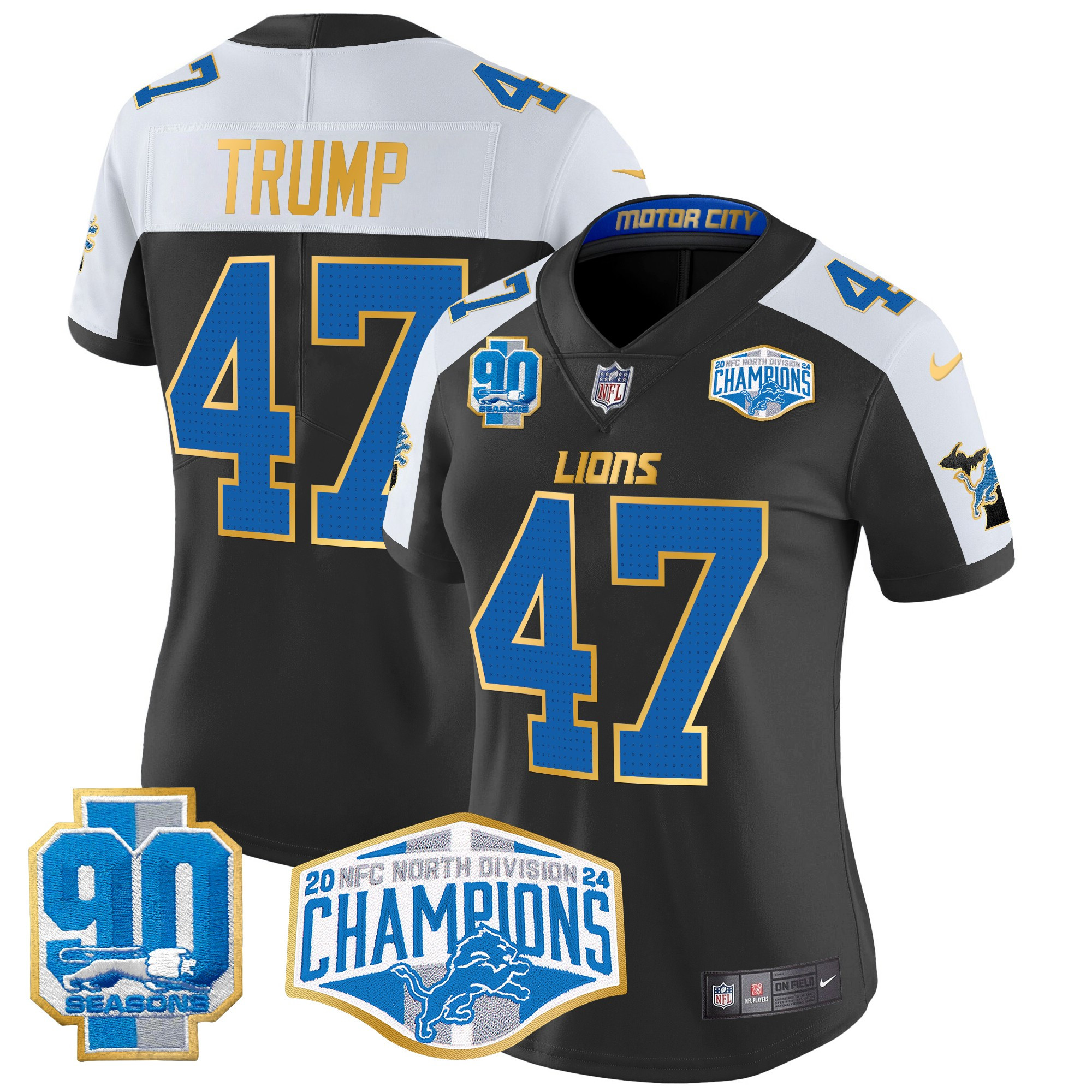 Women's Donald Trump Detroit Lions 2024 NFC North Division Champions Patch Gold Trim Vapor Limited Black Alternate Jersey - All Stitched