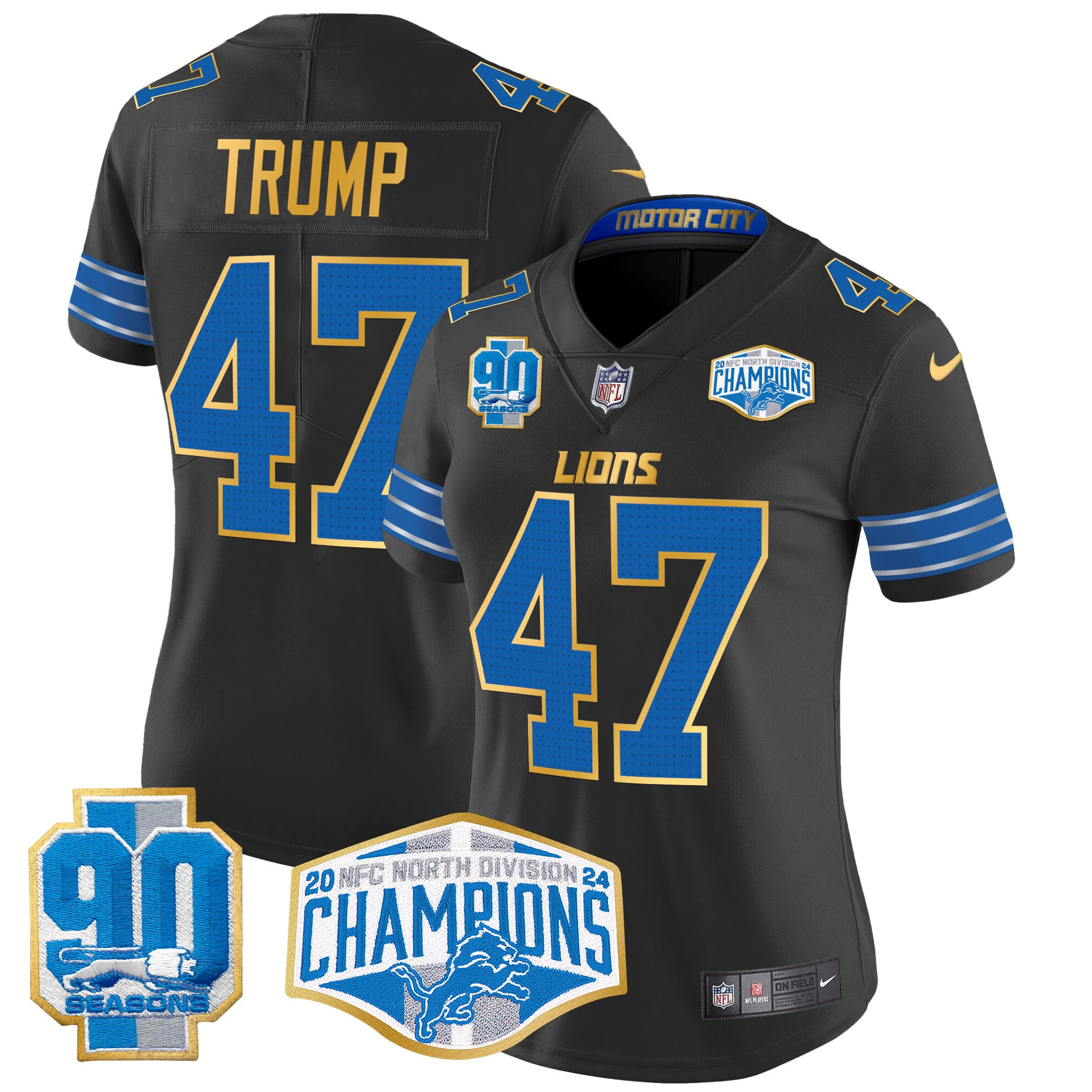 Women's Donald Trump Detroit Lions 2024 NFC North Division Champions Patch Gold Trim Vapor Limited Black Jersey - All Stitched