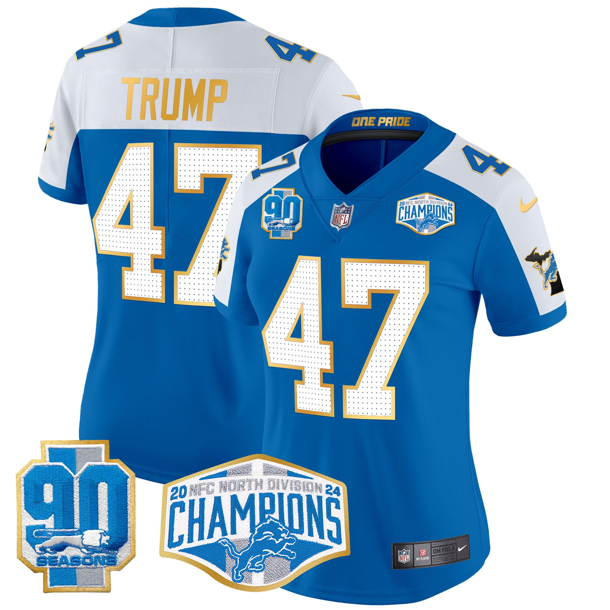 Women's Donald Trump Detroit Lions 2024 NFC North Division Champions Patch Gold Trim Vapor Limited Blue Alternate Jersey - All Stitched