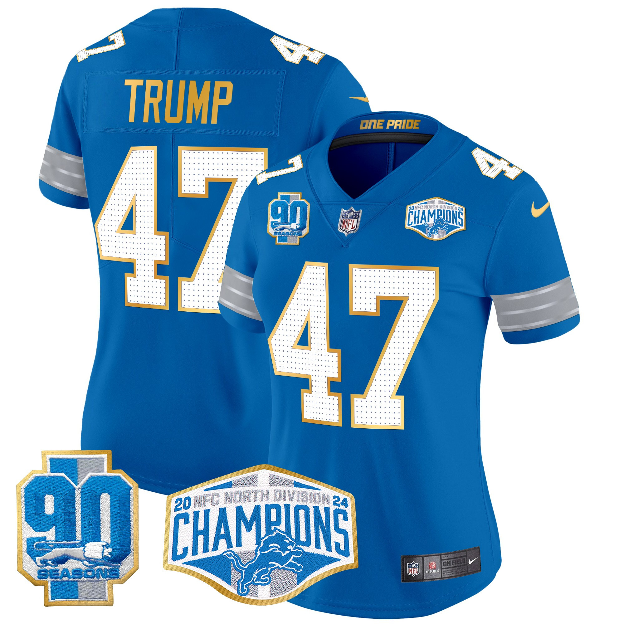 Women's Donald Trump Detroit Lions 2024 NFC North Division Champions Patch Gold Trim Vapor Limited Blue Jersey - All Stitched