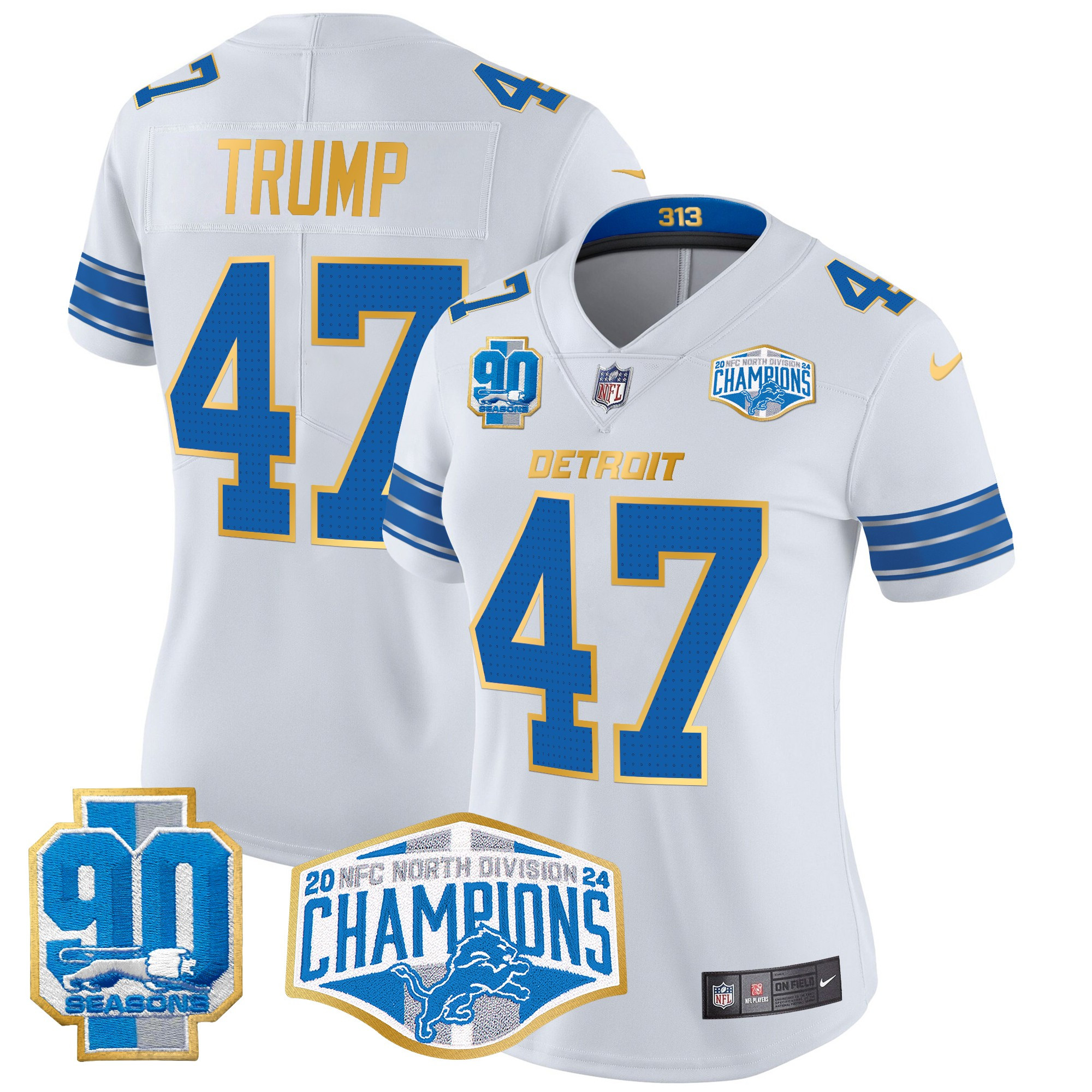 Women's Donald Trump Detroit Lions 2024 NFC North Division Champions Patch Gold Trim Vapor Limited White Jersey - All Stitched