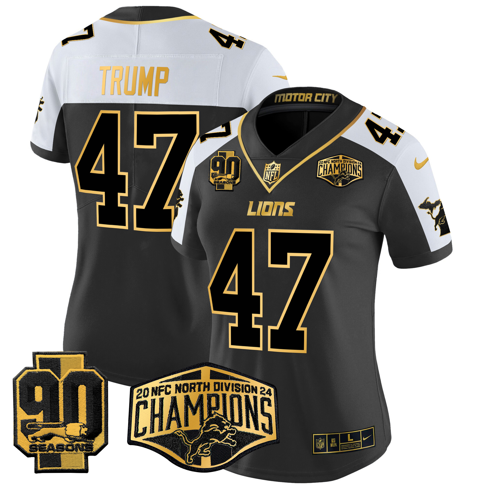Women's Donald Trump Detroit Lions 2024 NFC North Division Champions Patch Gold Vapor Limited Alternate Jersey - All Stitched