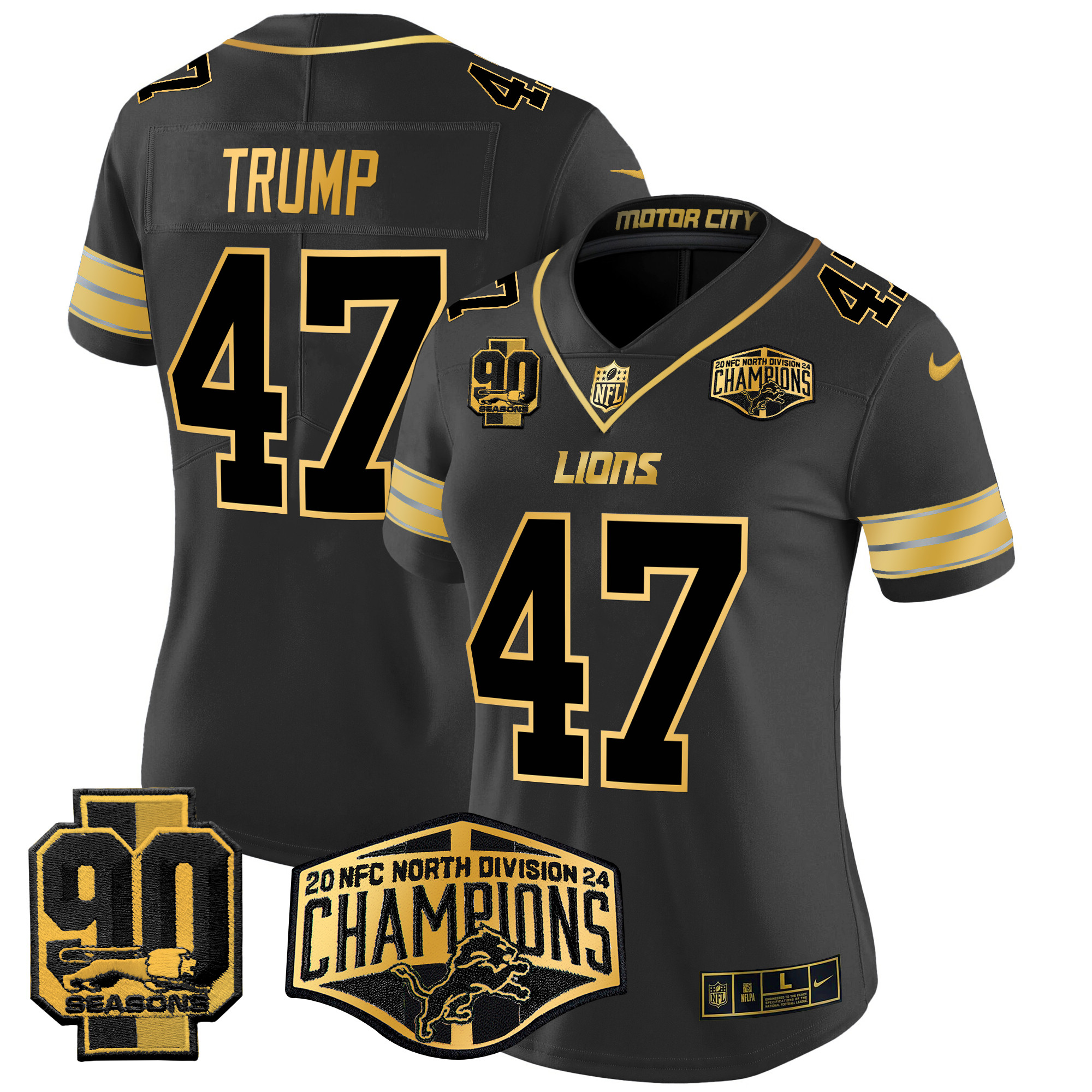 Women's Donald Trump Detroit Lions 2024 NFC North Division Champions Patch Gold Vapor Limited Black Gold Jersey - All Stitched