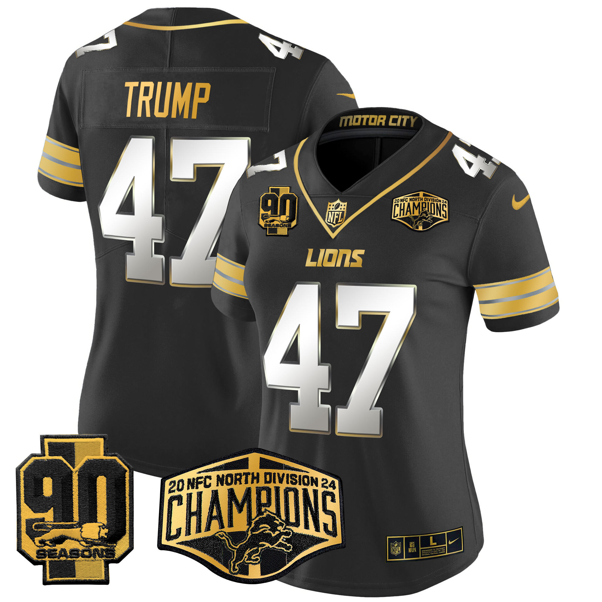 Women's Donald Trump Detroit Lions 2024 NFC North Division Champions Patch Gold Vapor Limited Black Limited Jersey - All Stitched