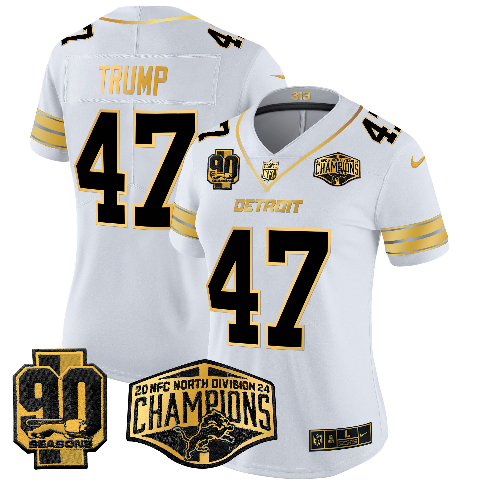 Women's Donald Trump Detroit Lions 2024 NFC North Division Champions Patch Gold Vapor Limited White Gold Jersey - All Stitched