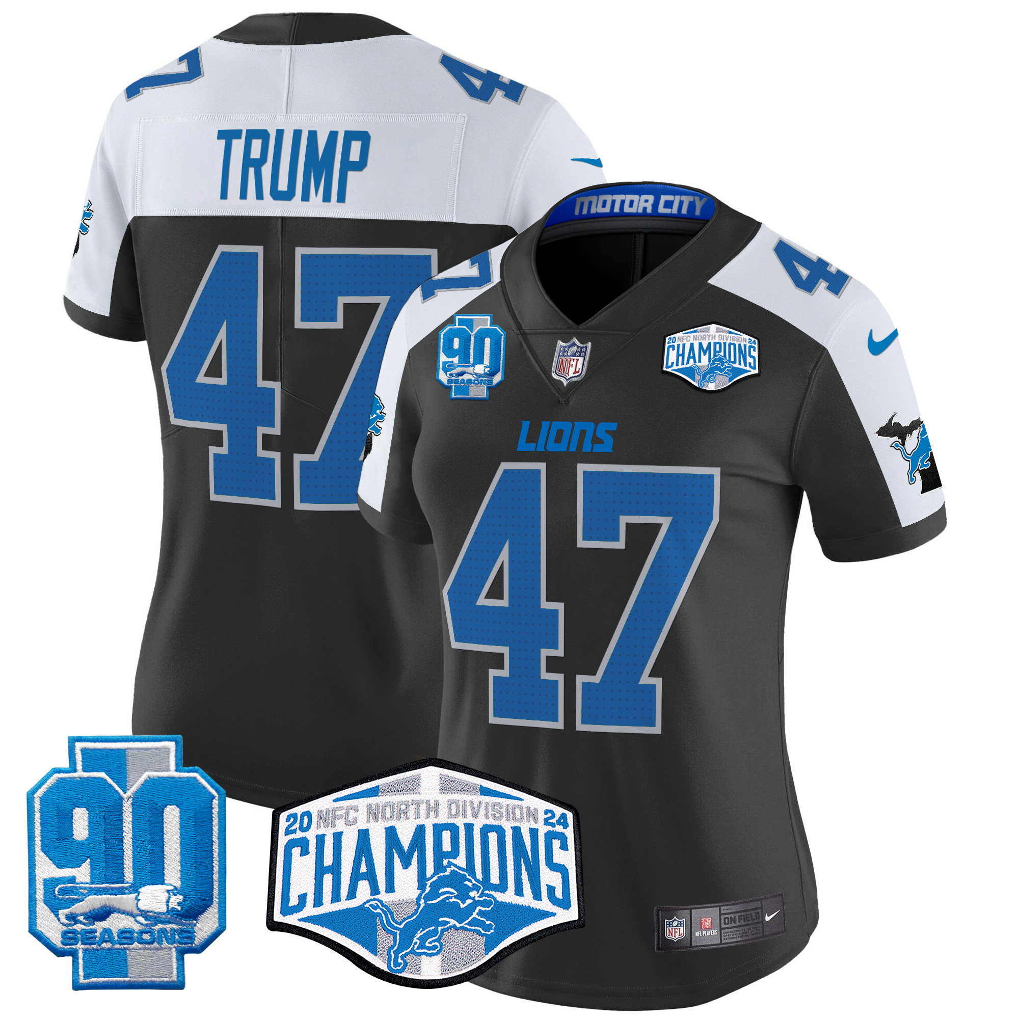Women's Donald Trump Detroit Lions 2024 NFC North Division Champions Patch Vapor Limited Black Alternate Jersey - All Stitched