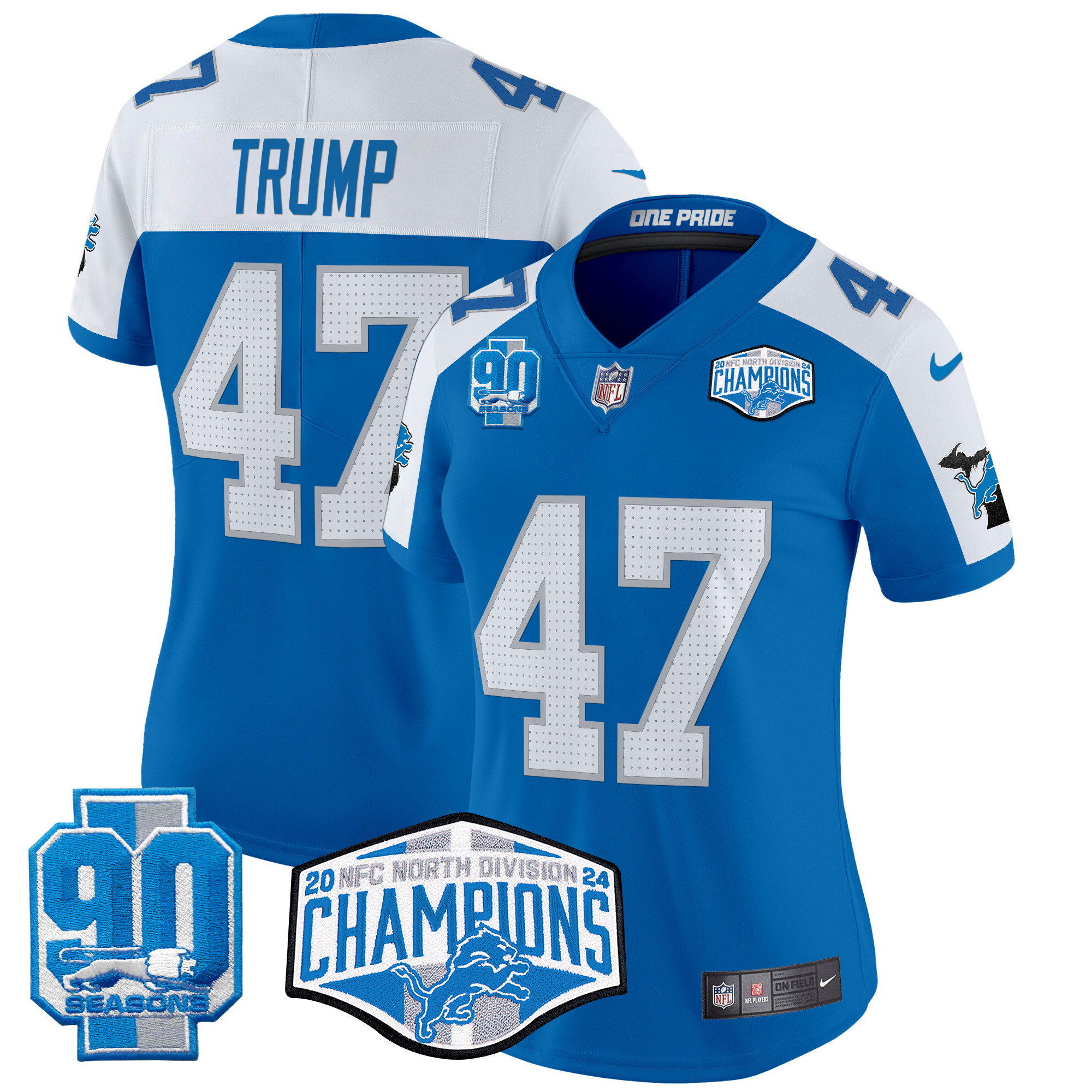 Women's Donald Trump Detroit Lions 2024 NFC North Division Champions Patch Vapor Limited Blue Alternate Jersey - All Stitched