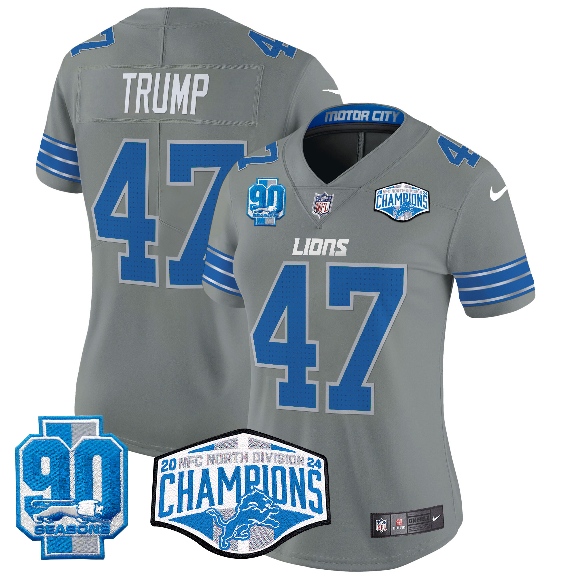 Women's Donald Trump Detroit Lions 2024 NFC North Division Champions Patch Vapor Limited Gray Jersey - All Stitched