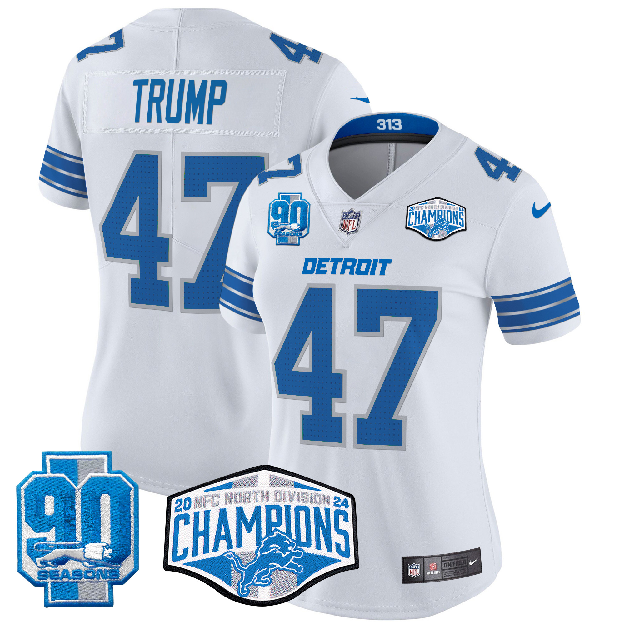 Women's Donald Trump Detroit Lions 2024 NFC North Division Champions Patch Vapor Limited White Jersey - All Stitched