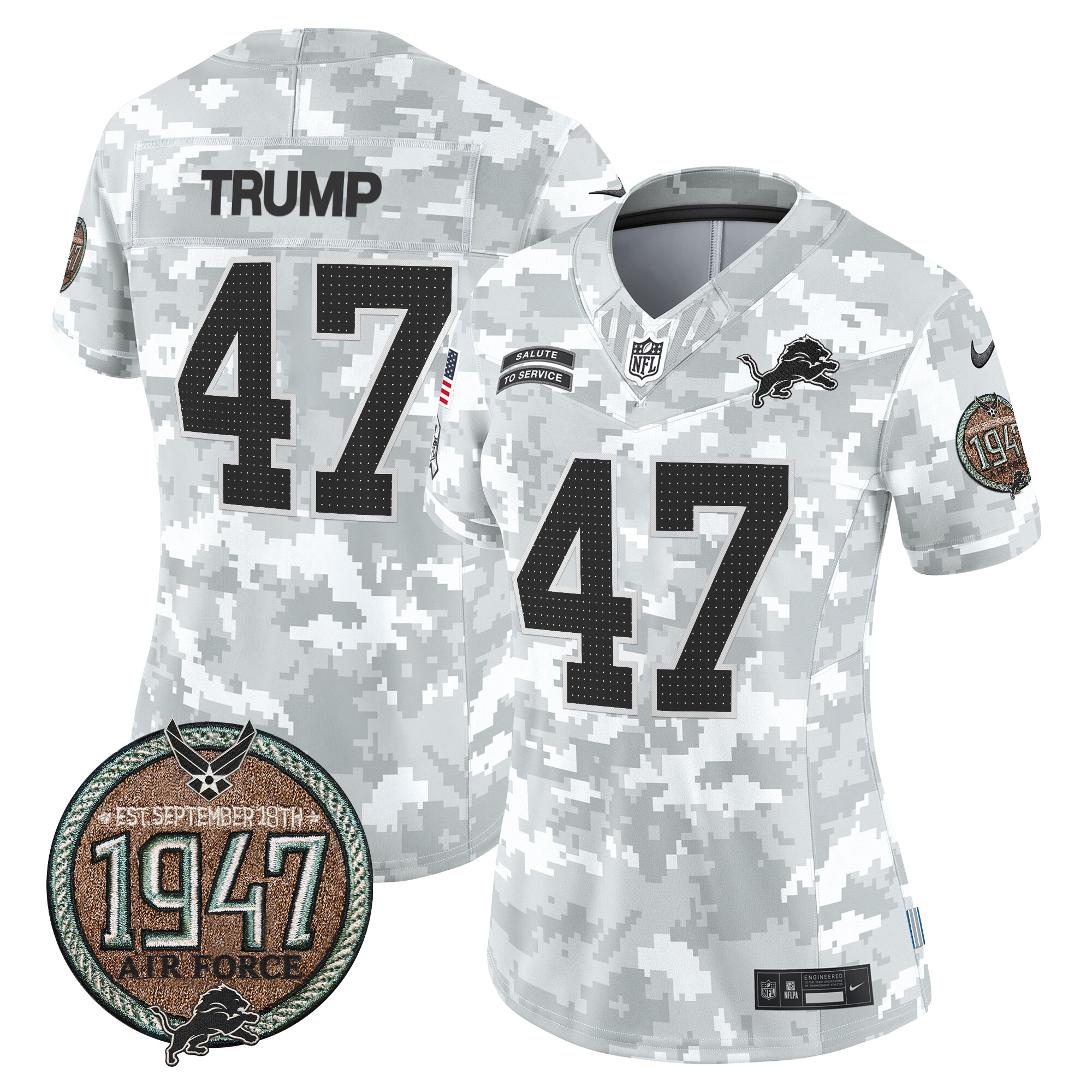 Women's Donald Trump Detroit Lions 2024 Salute to Service Establishment Year Patch Vapor Limited Air Force Jersey - All Stitched