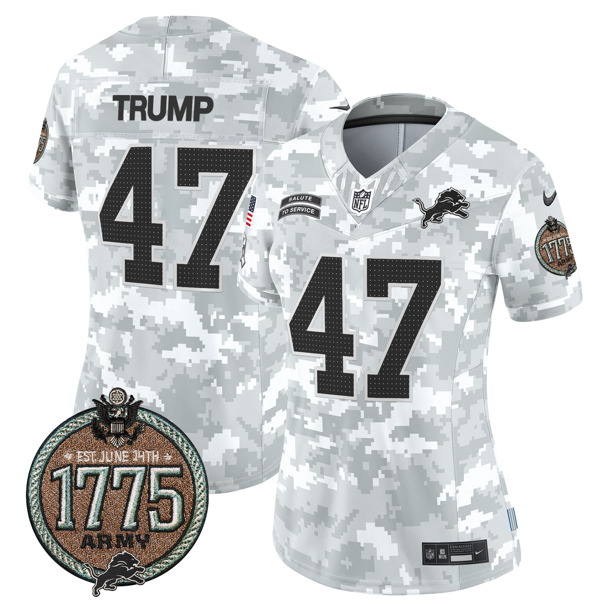 Women's Donald Trump Detroit Lions 2024 Salute to Service Establishment Year Patch Vapor Limited Army Jersey - All Stitched