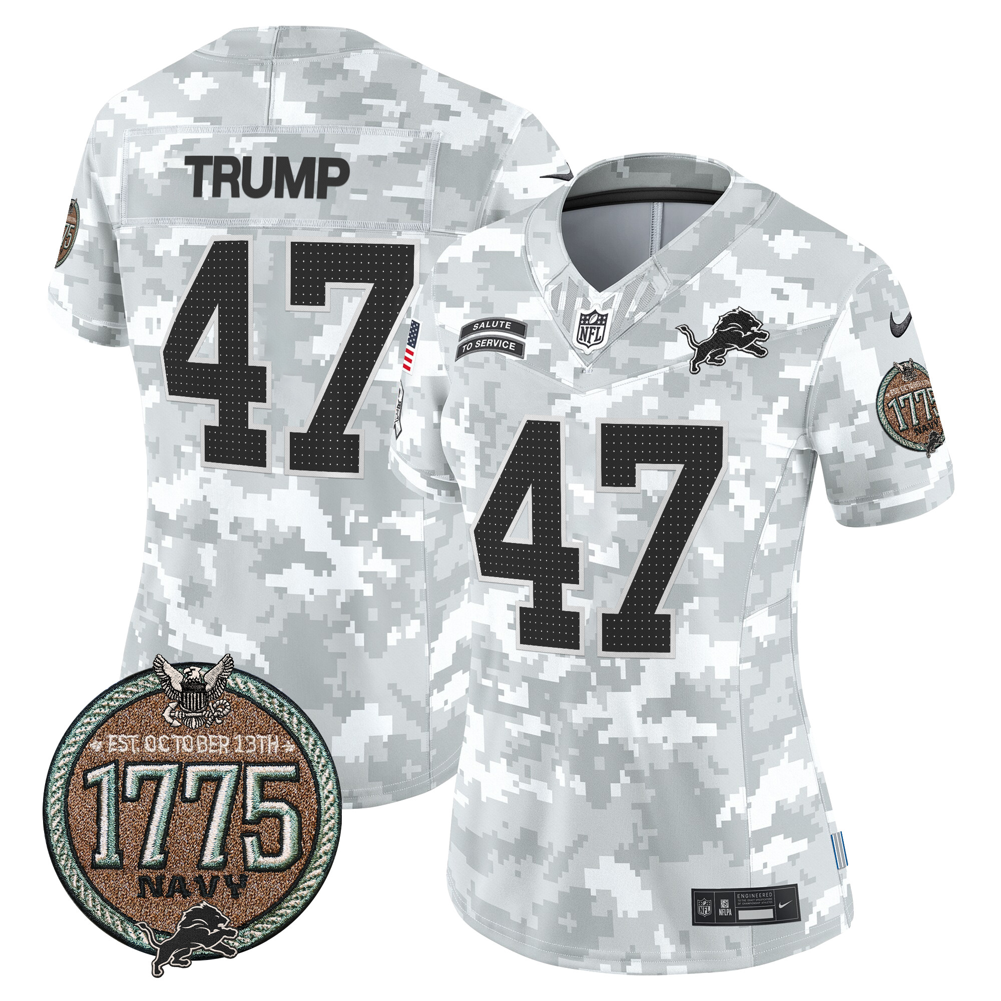 Women's Donald Trump Detroit Lions 2024 Salute to Service Establishment Year Patch Vapor Limited Navy Jersey - All Stitched