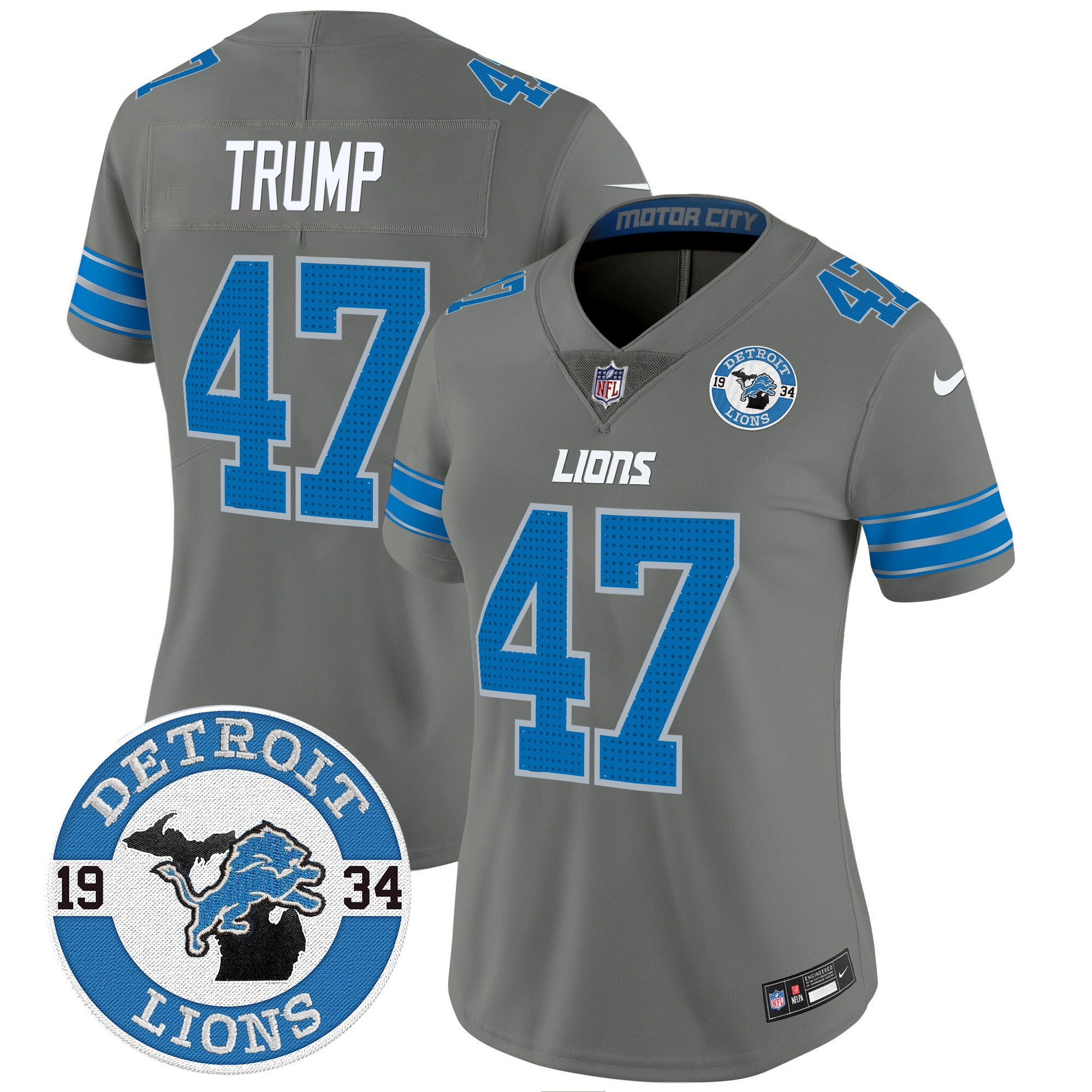 Women's Donald Trump Detroit Lions 2024 Vapor Limited Gray Jersey - All Stitched