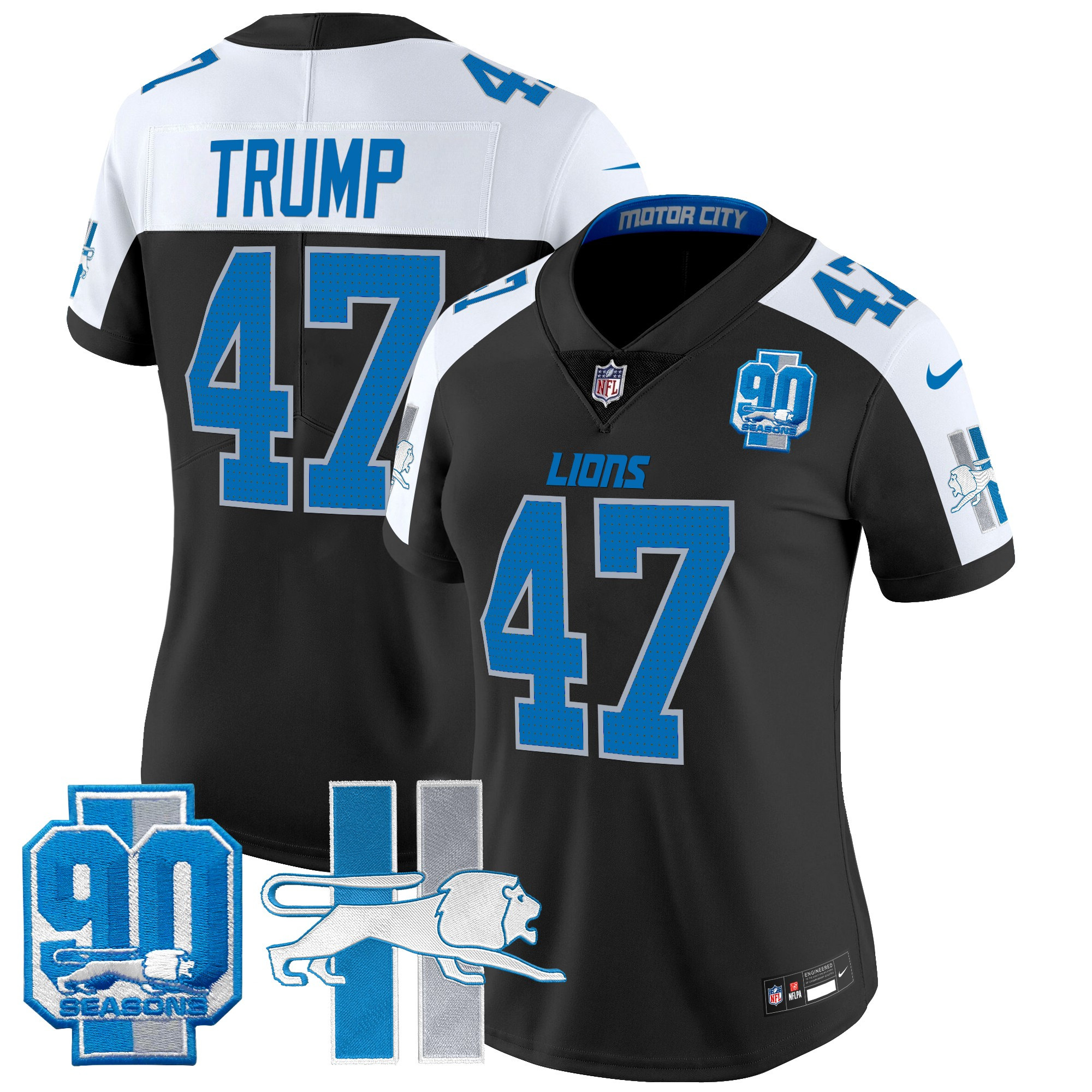 Women's Donald Trump Detroit Lions Throwback 90th Year Patch Vapor Limited Black Alternate Jersey - All Stitched