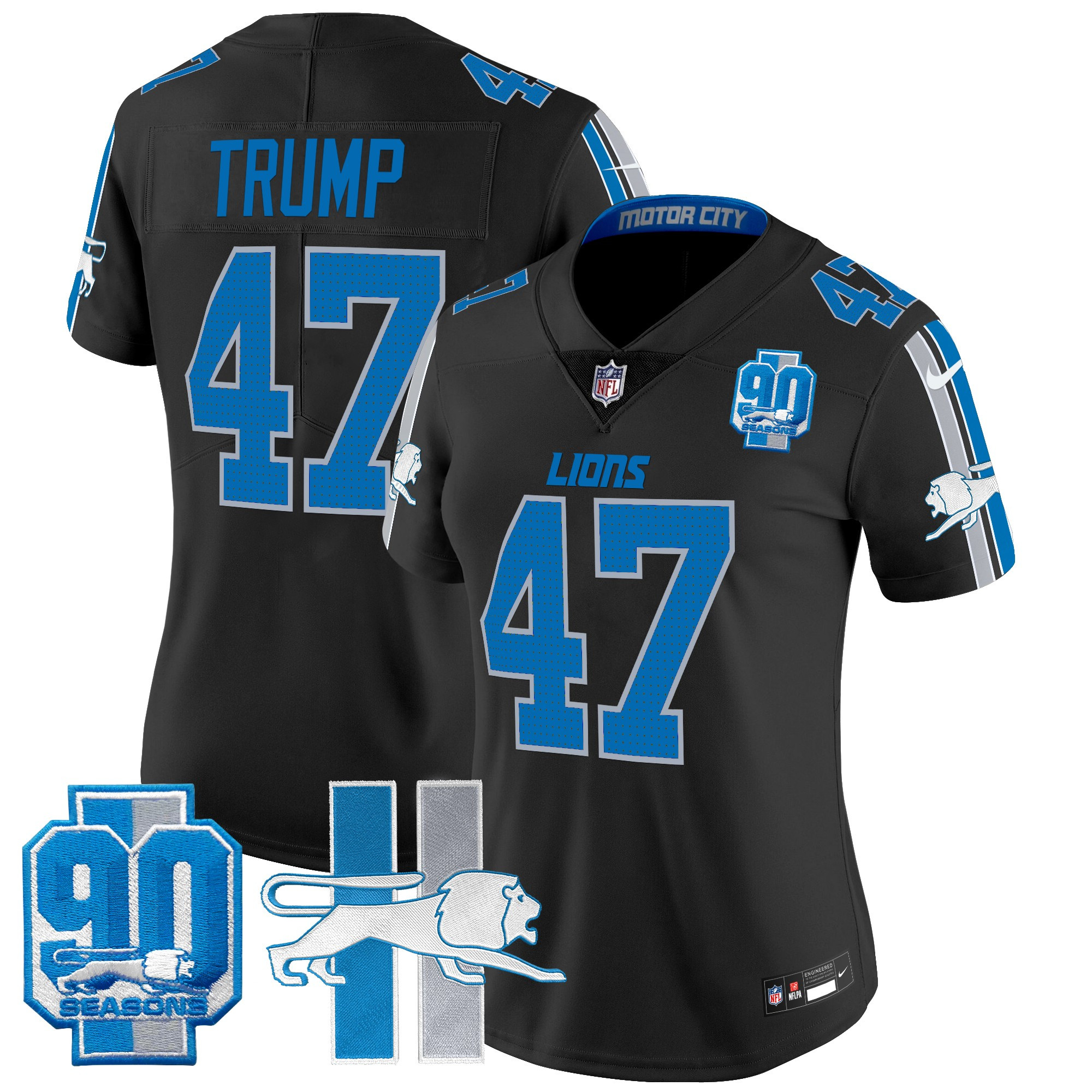 Women's Donald Trump Detroit Lions Throwback 90th Year Patch Vapor Limited Black Jersey - All Stitched