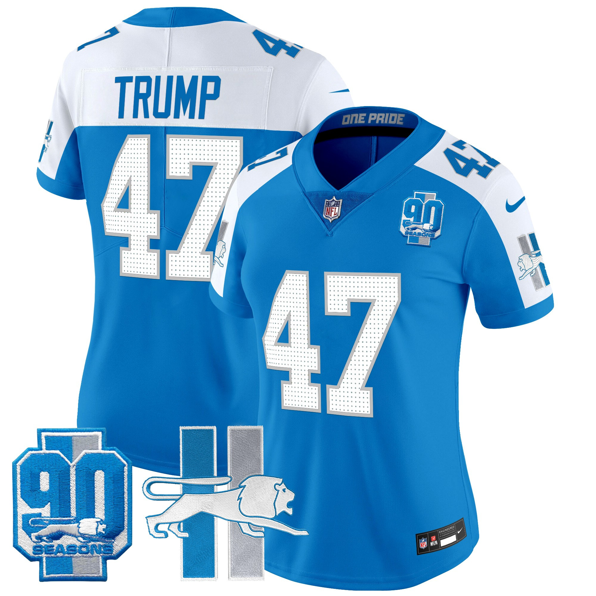 Women's Donald Trump Detroit Lions Throwback 90th Year Patch Vapor Limited Blue Alternate Jersey - All Stitched