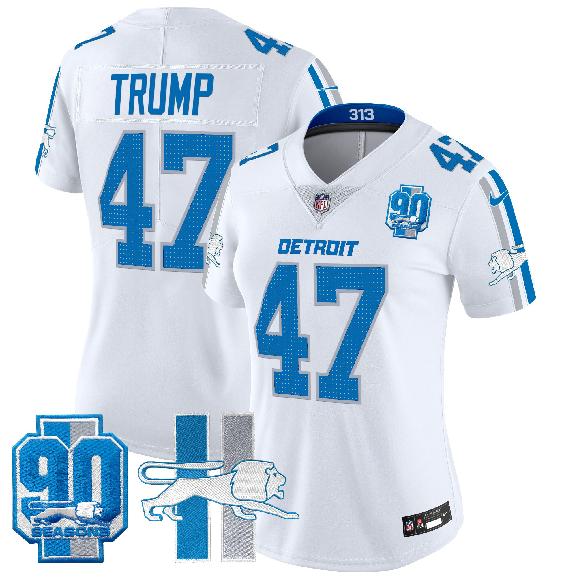 Women's Donald Trump Detroit Lions Throwback 90th Year Patch Vapor Limited White Jersey - All Stitched