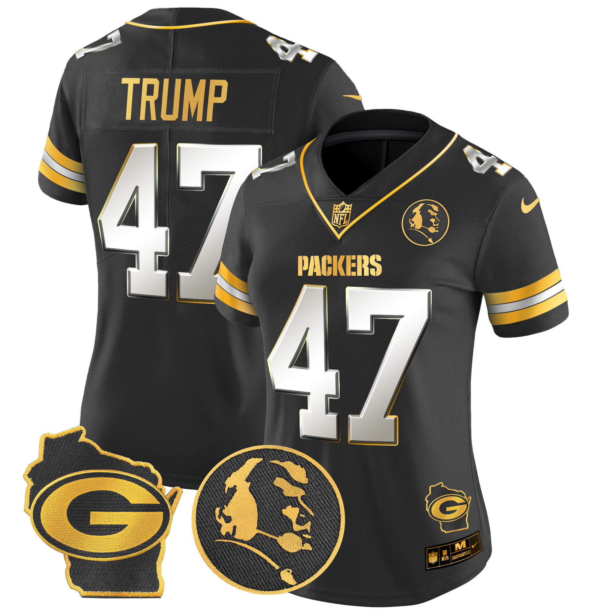 Women's Donald Trump Green Bay Packers John Madden & Home Patch Gold Vapor Limited Black Limited Jersey - All Stitched