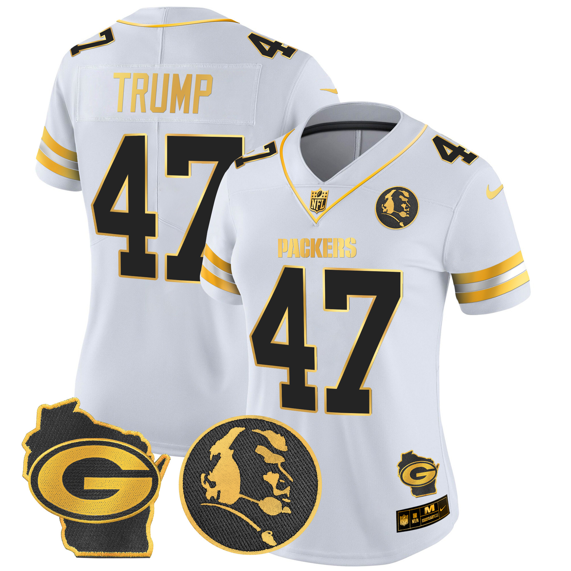 Women's Donald Trump Green Bay Packers John Madden & Home Patch Gold Vapor Limited White Gold Jersey - All Stitched