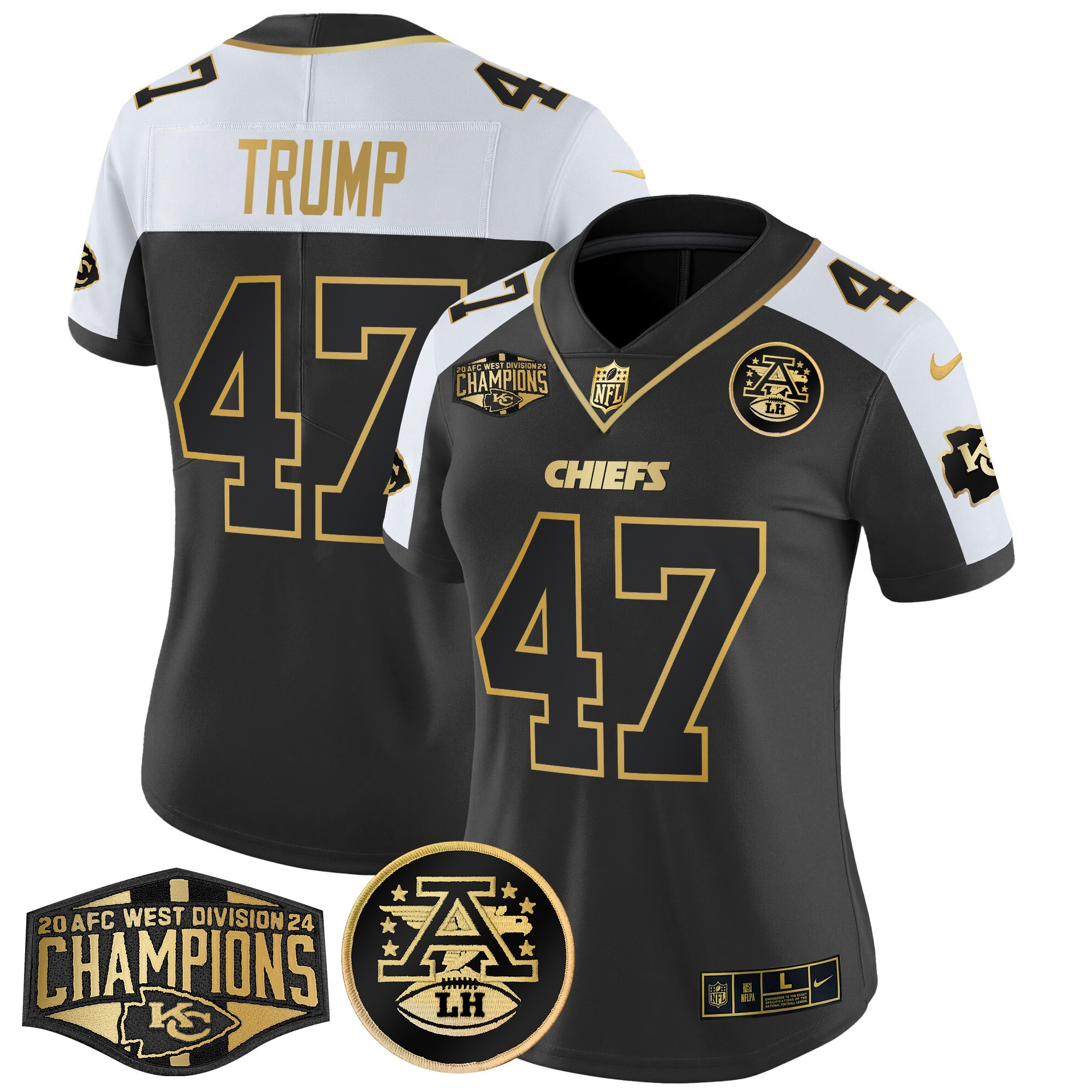Women's Donald Trump Kansas City Chiefs 2024 AFC West Division Champions Patch Gold Vapor Limited Alternate Jersey - All Stitched