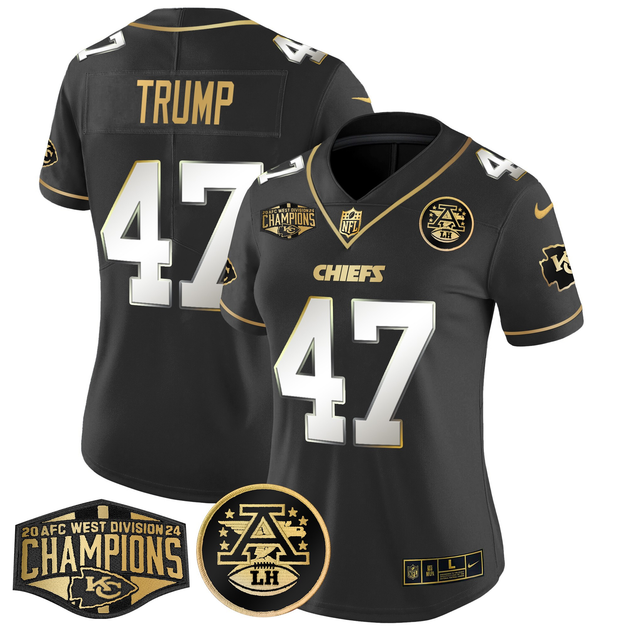 Women's Donald Trump Kansas City Chiefs 2024 AFC West Division Champions Patch Gold Vapor Limited Black Limited Jersey - All Stitched