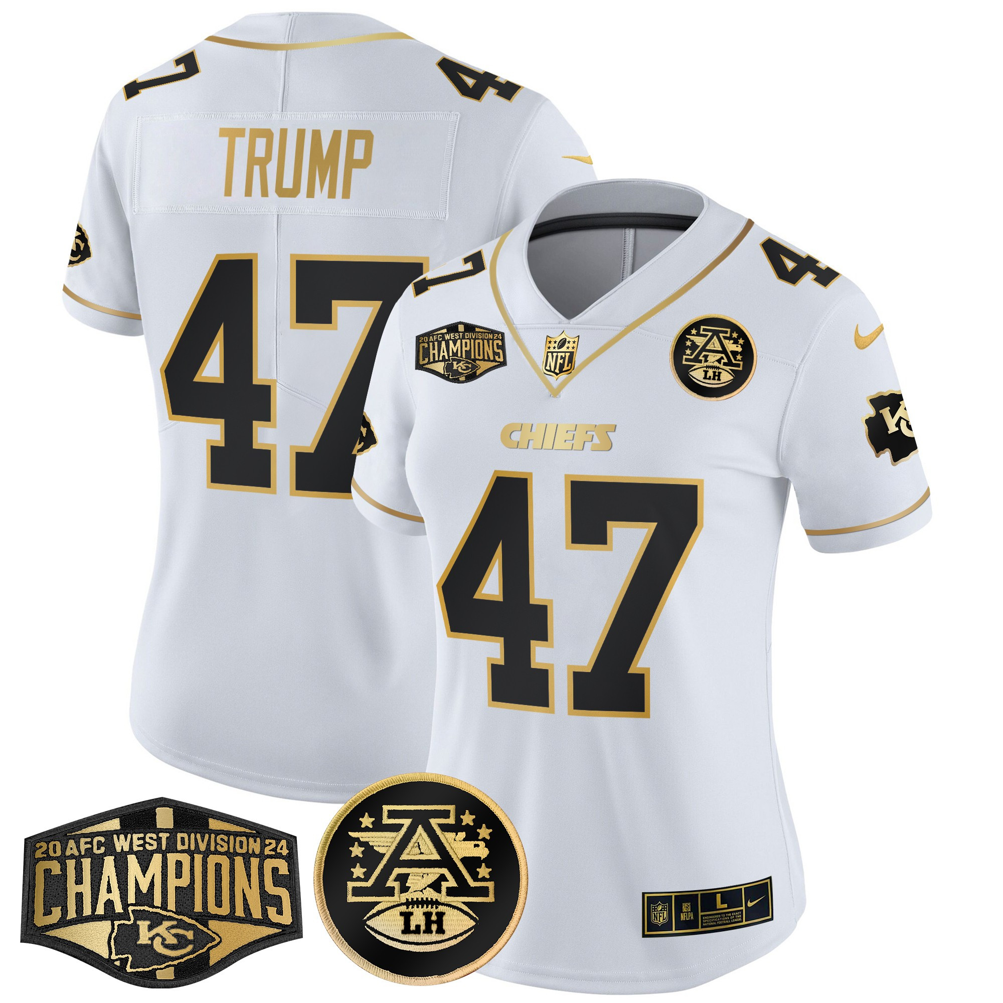 Women's Donald Trump Kansas City Chiefs 2024 AFC West Division Champions Patch Gold Vapor Limited White Gold Jersey - All Stitched