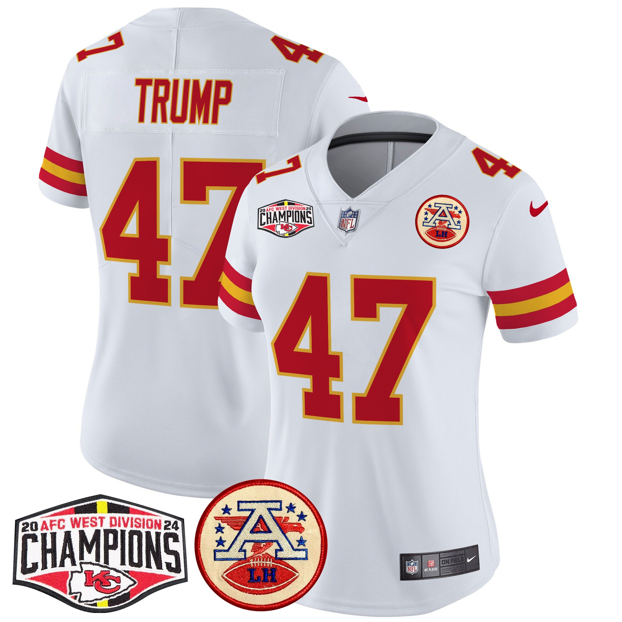 Women's Donald Trump Kansas City Chiefs 2024 AFC West Division Champions Patch Vapor Limited White Jersey - All Stitched
