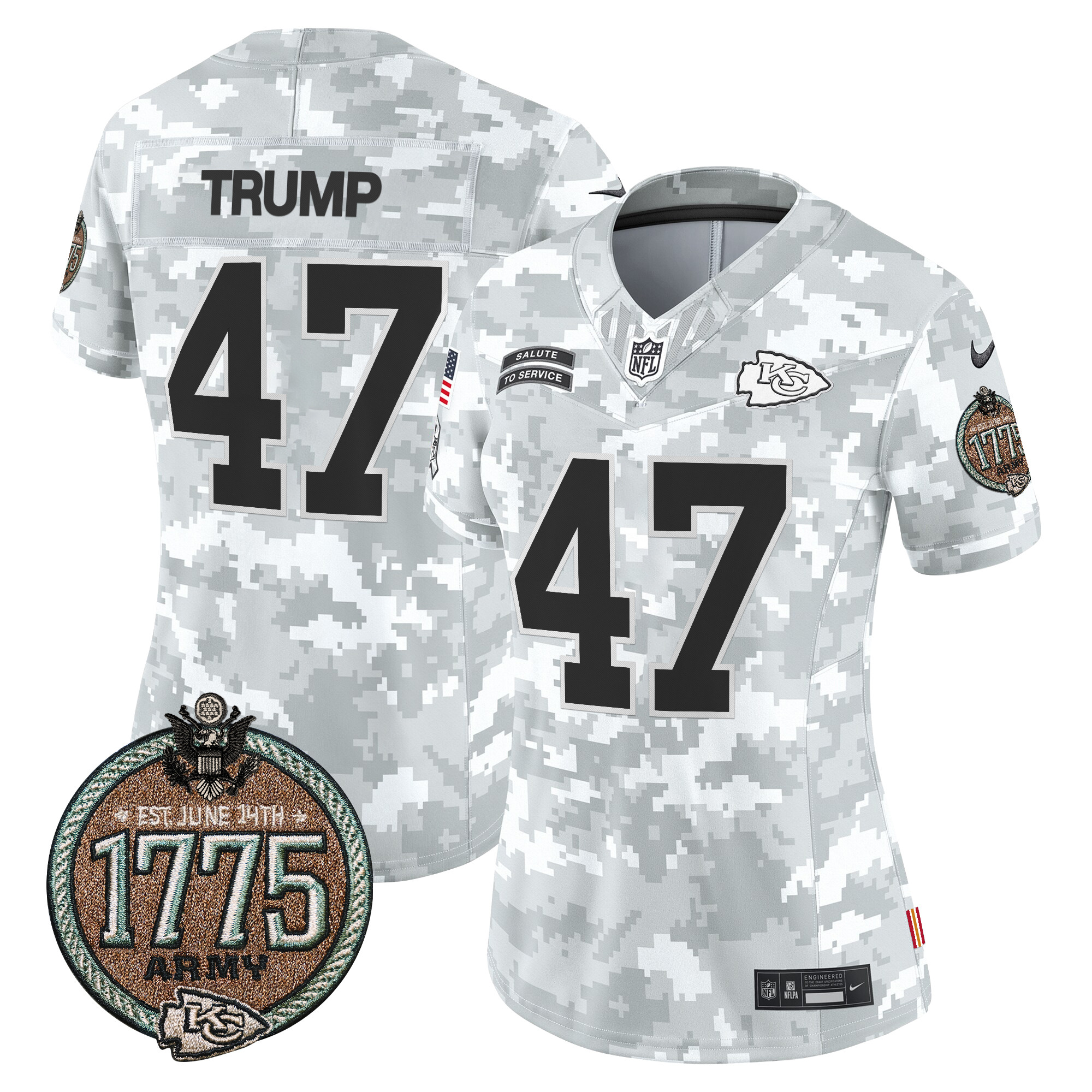 Women's Donald Trump Kansas City Chiefs 2024 Salute to Service Establishment Year Patch Vapor Limited Army Jersey - All Stitched