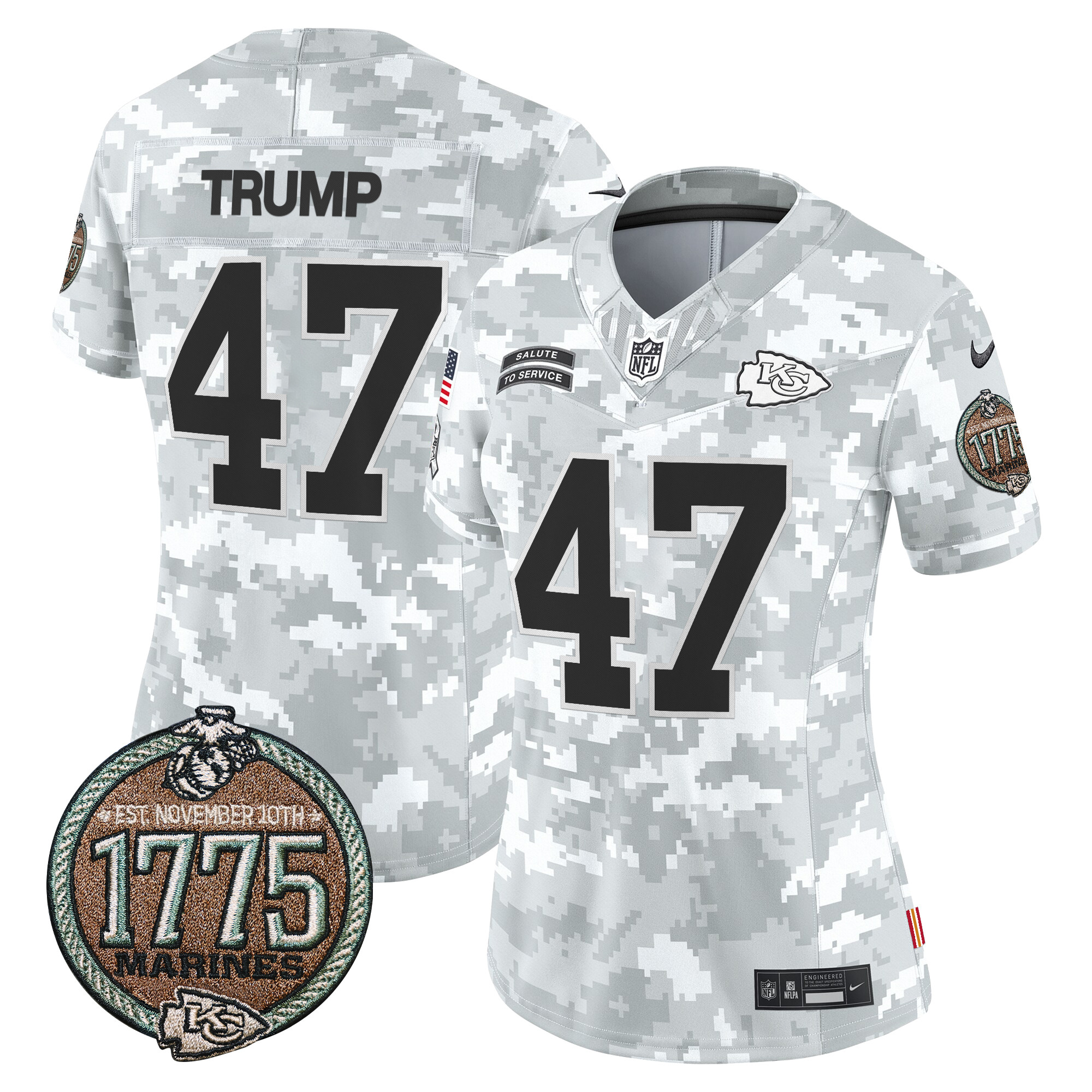Women's Donald Trump Kansas City Chiefs 2024 Salute to Service Establishment Year Patch Vapor Limited Marines Jersey - All Stitched