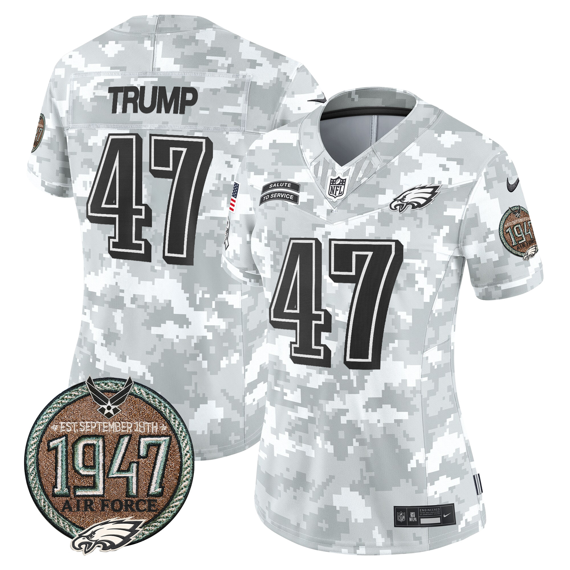 Women's Donald Trump Philadelphia Eagles 2024 Salute to Service Establishment Year Patch Vapor Limited Air Force Jersey - All Stitched