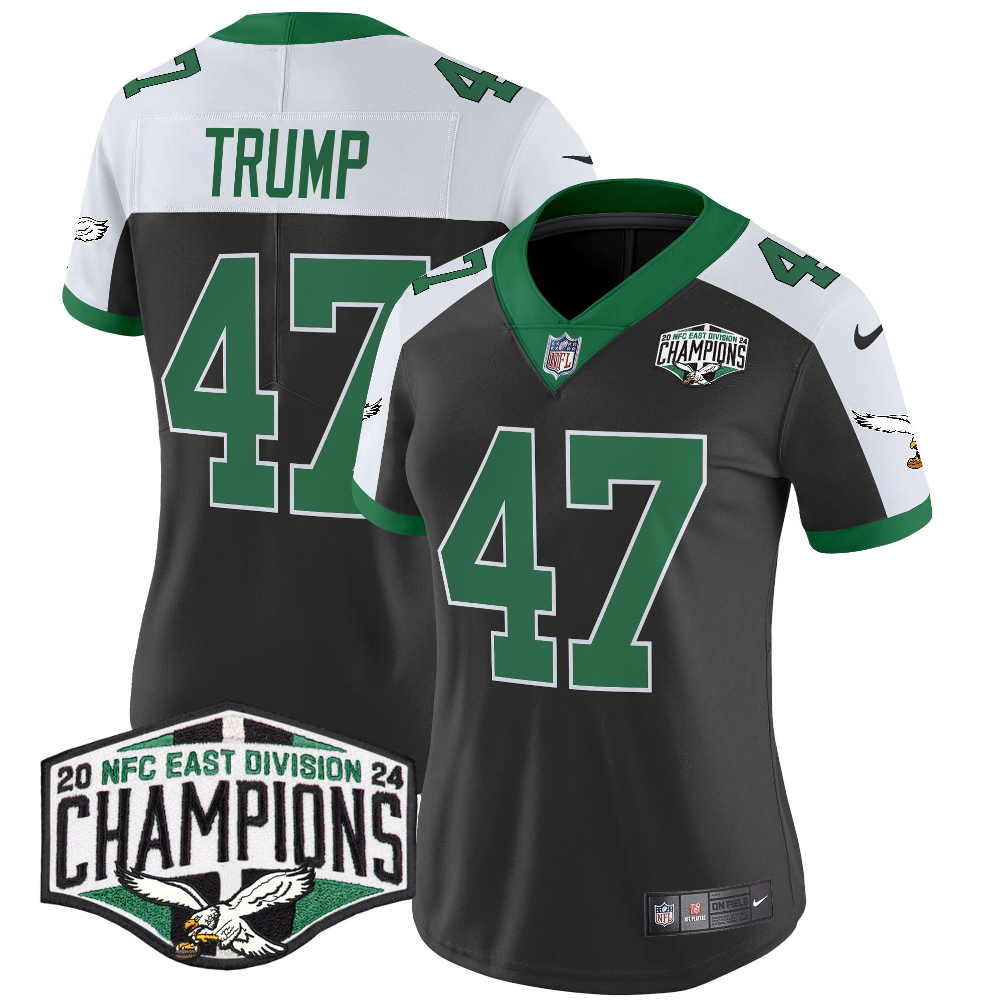 Women's Donald Trump Philadelphia Eagles Kelly Green 2024 NFC East Division Champions Vapor Limited Black Alternate Jersey - All Stitched