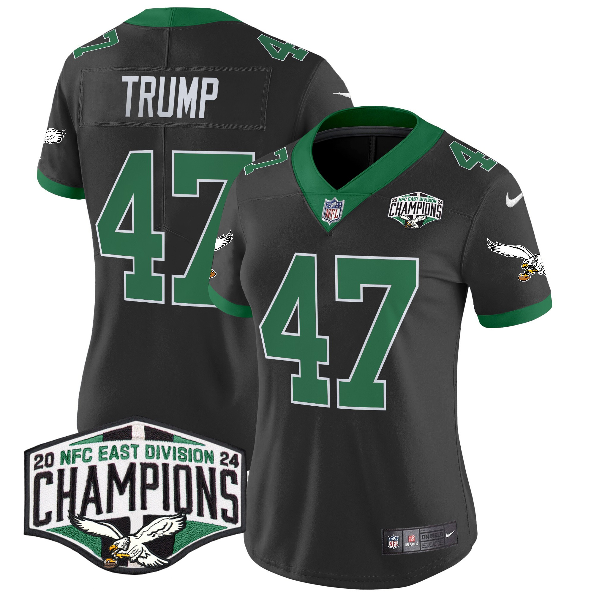 Women's Donald Trump Philadelphia Eagles Kelly Green 2024 NFC East Division Champions Vapor Limited Black Jersey - All Stitched