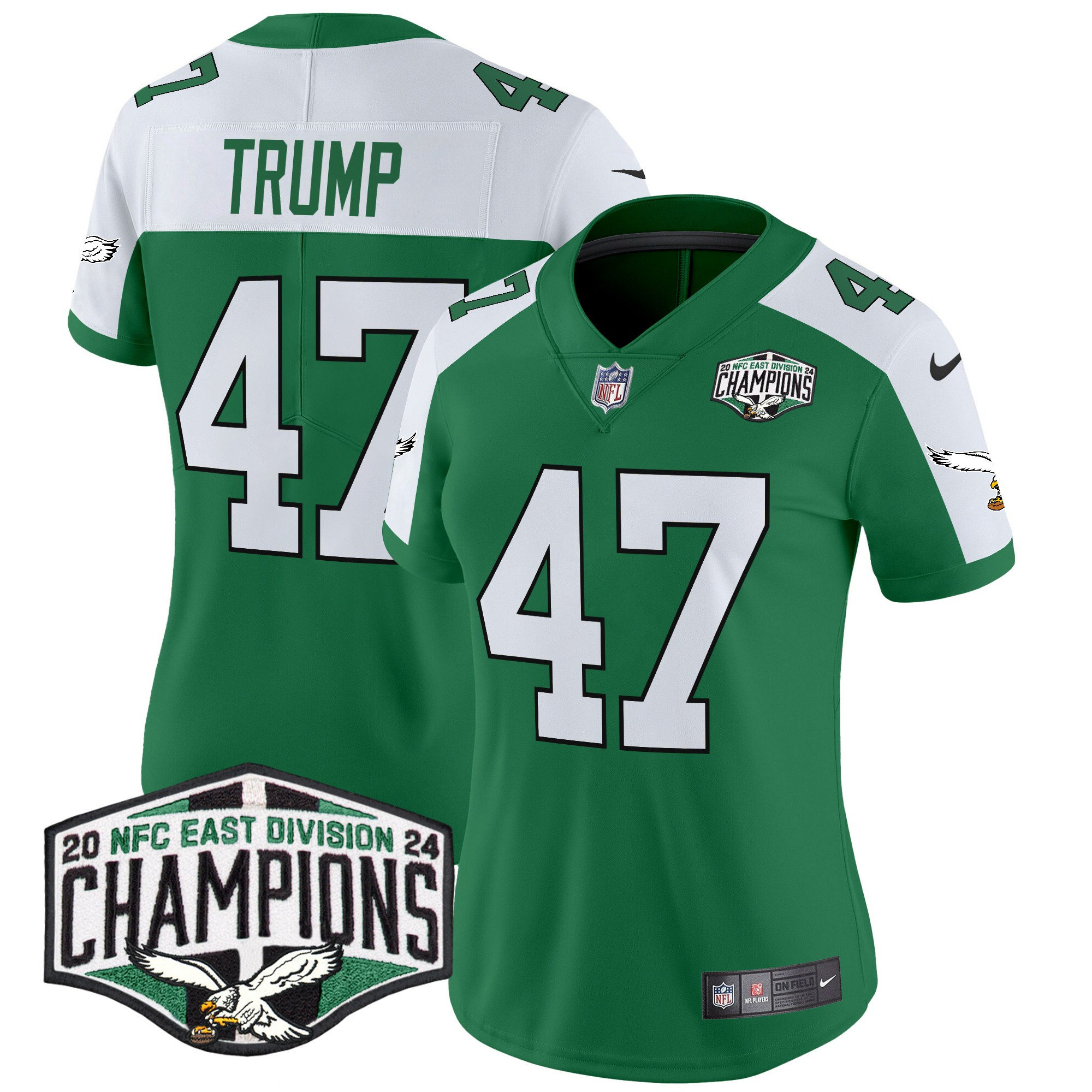 Women's Donald Trump Philadelphia Eagles Kelly Green 2024 NFC East Division Champions Vapor Limited Kelly Alternate Jersey - All Stitched